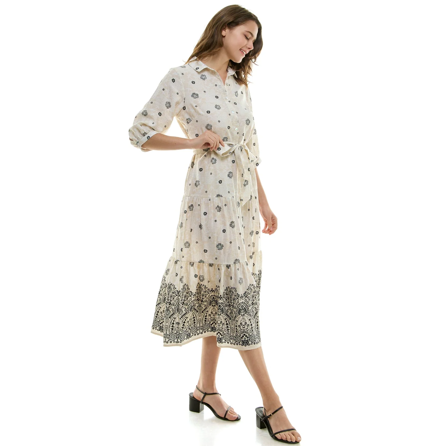 Long Sleeve Button Front Collared Midi Dress With Tied Waist - Image 2