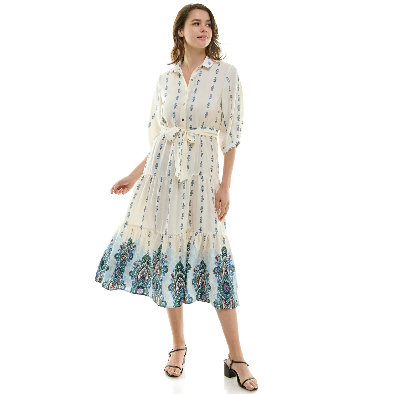 Long Sleeve Button Front Collared Midi Dress With Tied Waist
