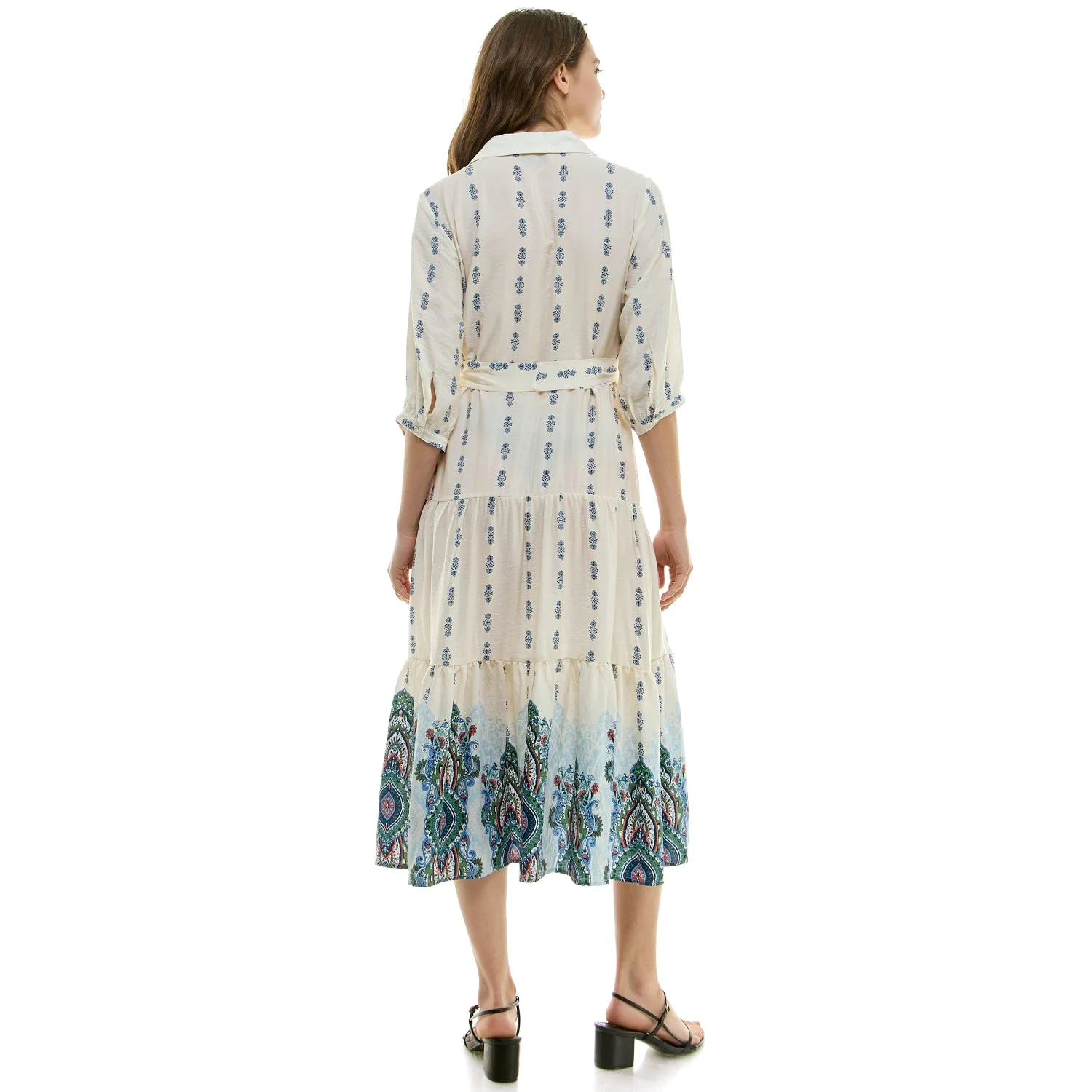 Long Sleeve Button Front Collared Midi Dress With Tied Waist - Image 3