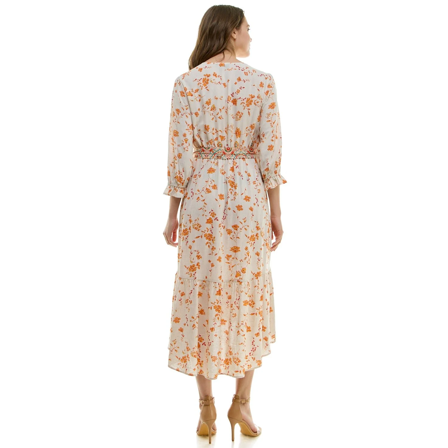 Long Sleeve Button Front V-Neck Printed Midi Dress - Image 3