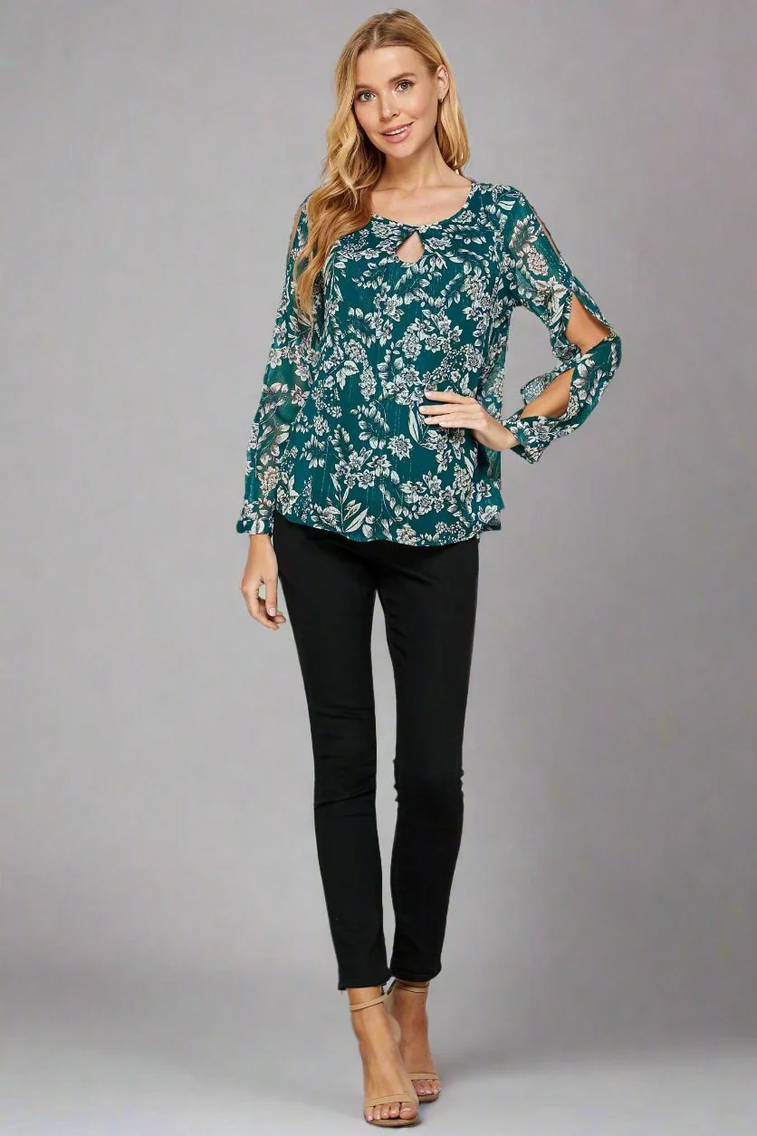 Long Sleeve Cold Shoulder Keyhole Neck Blouse - Image 3