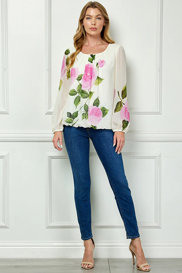 Long Sleeve Pleat Neck Placement Print Bubble Blouse in Ivory - Image 2