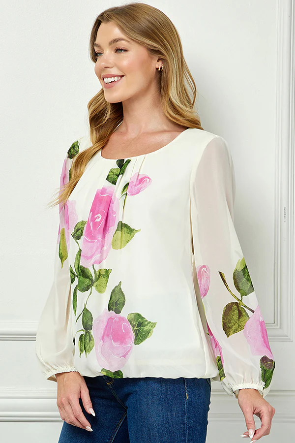 Long Sleeve Pleat Neck Placement Print Bubble Blouse in Ivory - Image 3