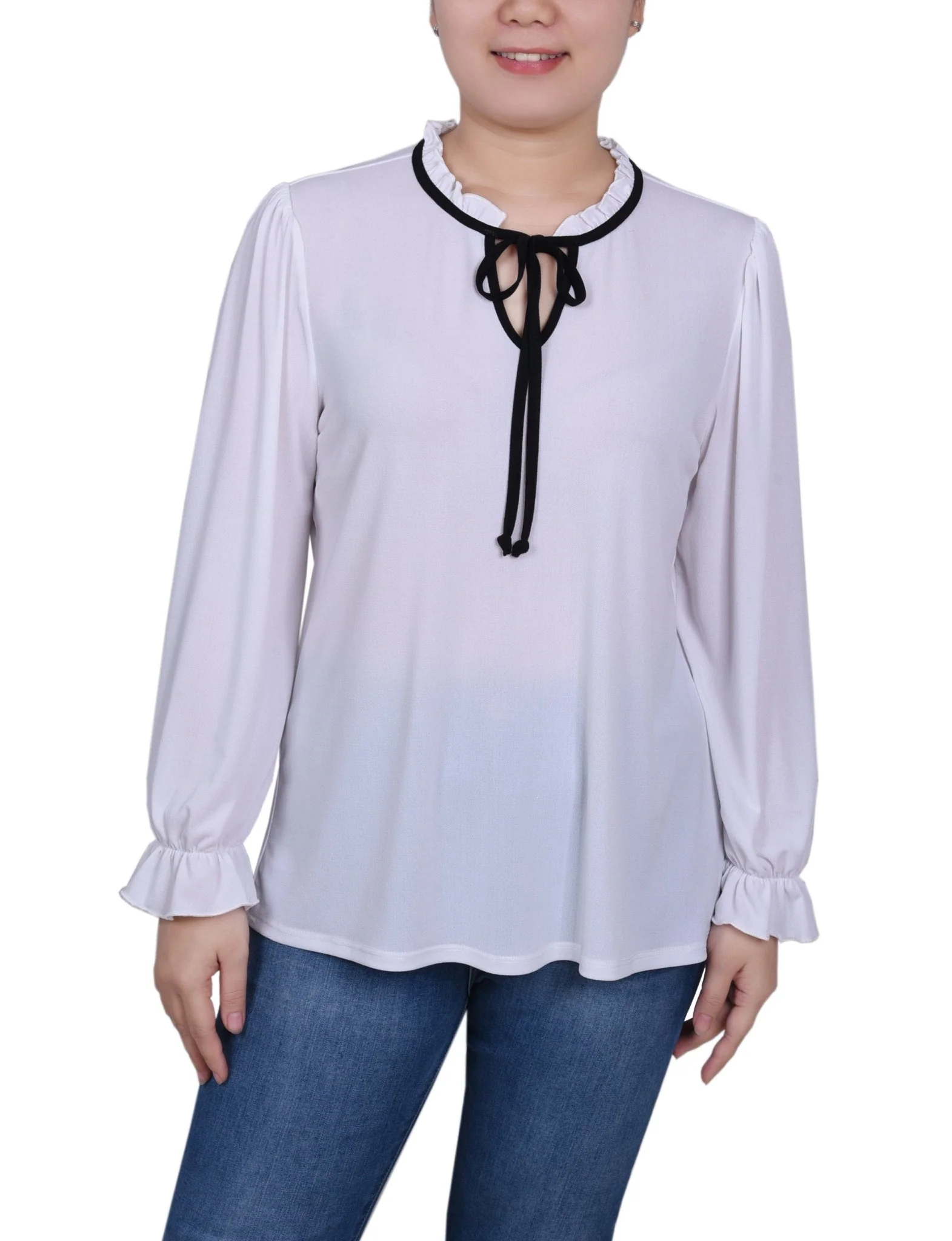 Long Sleeve Tie Neck Top - Petite - Image 5