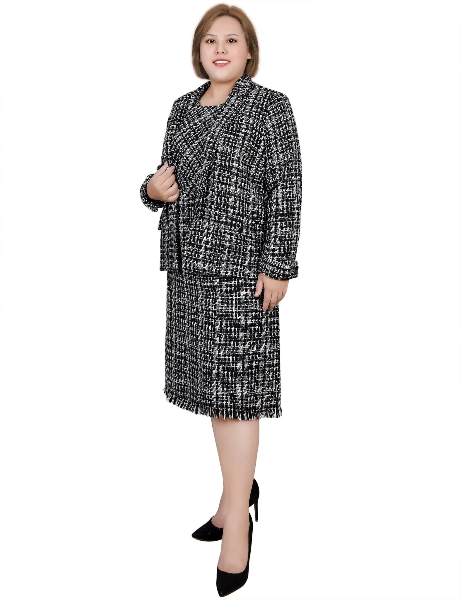 Long Sleeve Tweed Jacket With Dress - Plus - Image 3