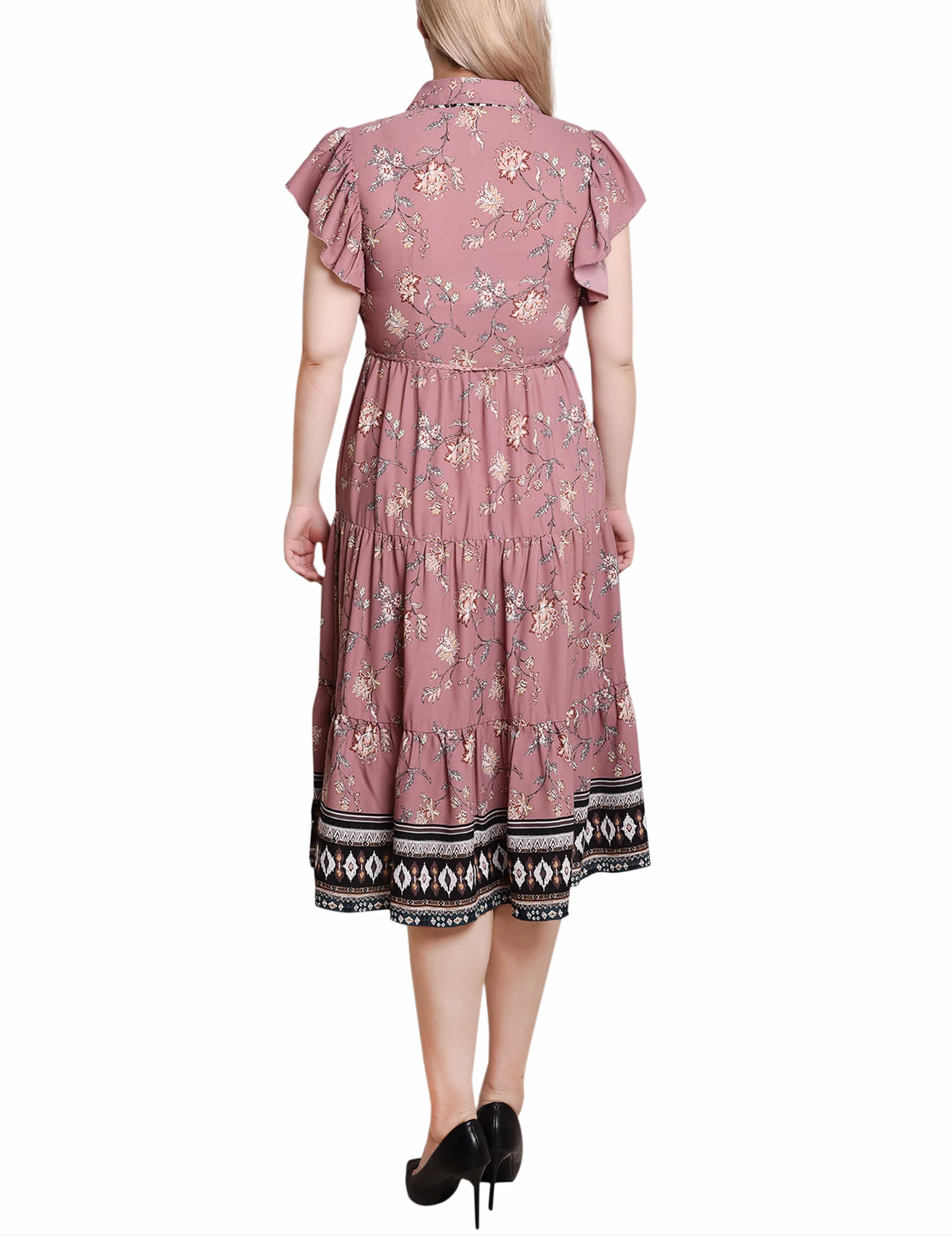 Mauve Floral Short Sleeve Tiered Border Print Dress - Image 3