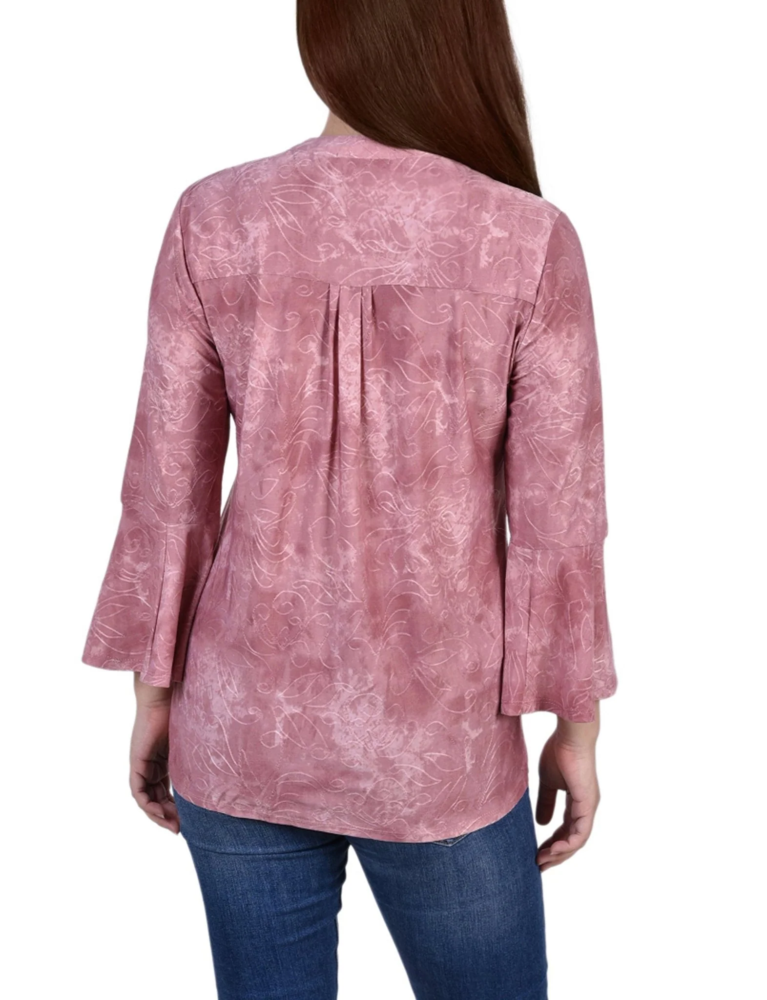 Mauve Tie Dye 3/4 Bell Sleeve Pleat Front Y Neck Top - Petite - Image 4