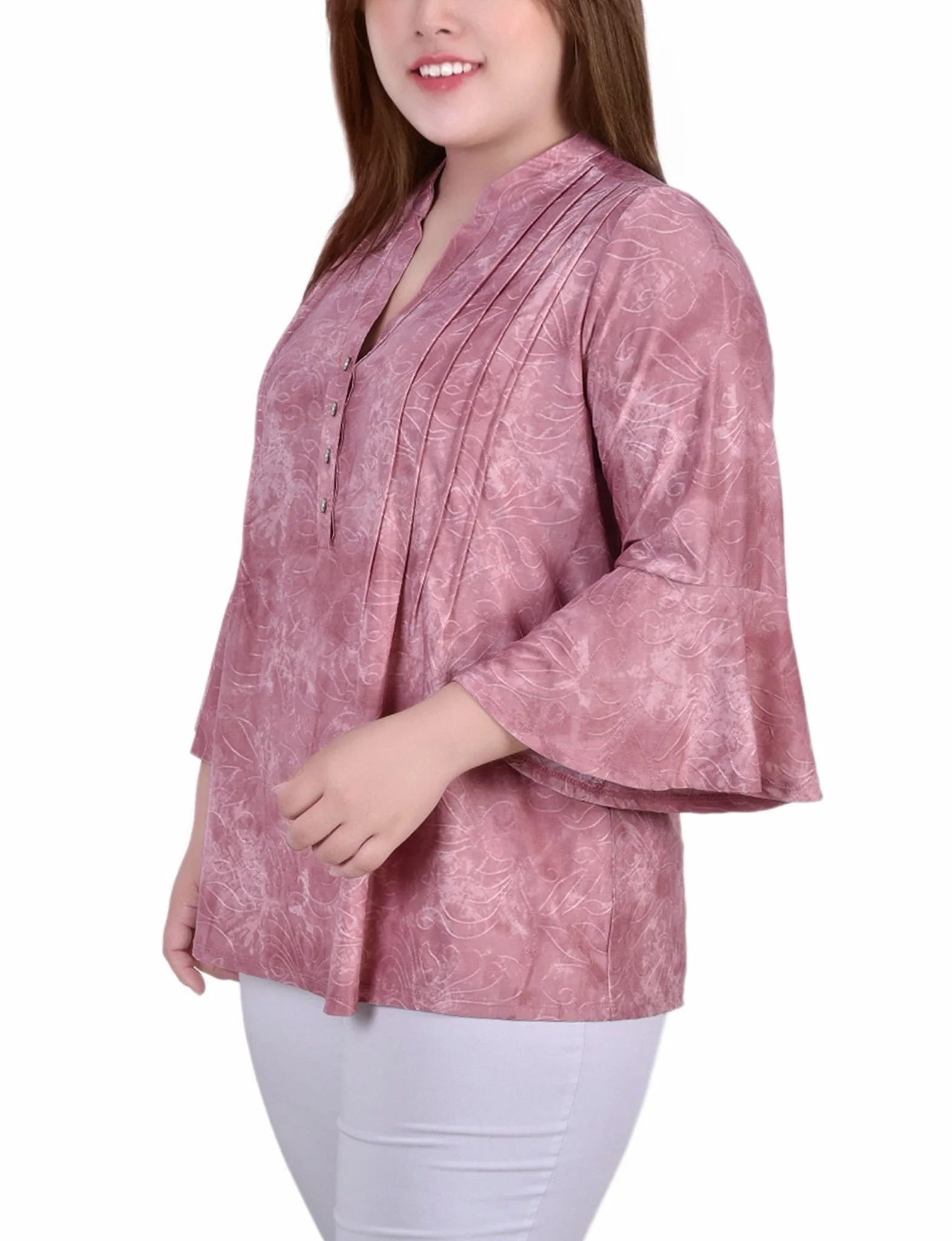 Mauve Tie Dye 3/4 Bell Sleeve Pleat Front Y Neck Top - Plus - Image 2