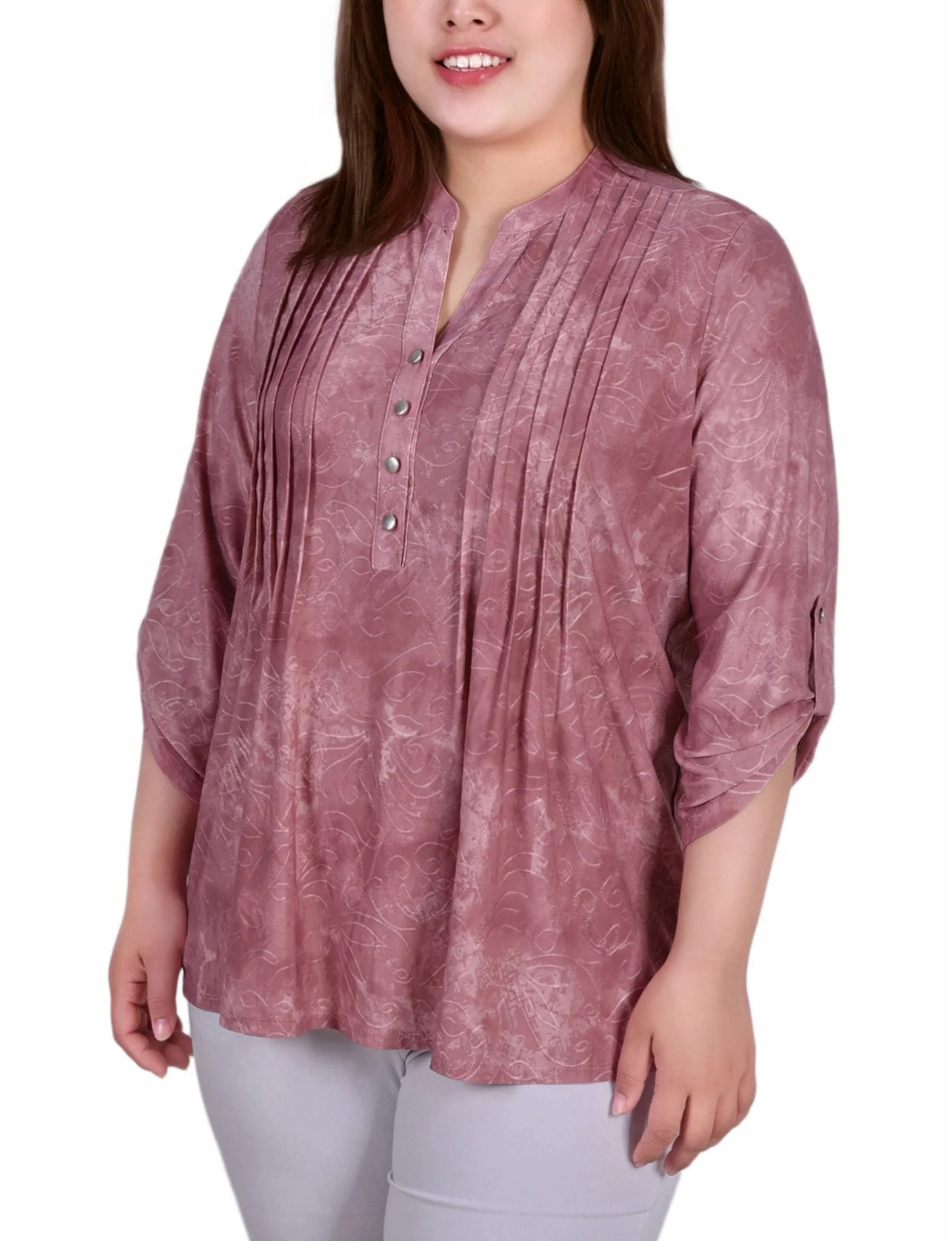 Mauve Tie Dye 3/4 Sleeve Roll Tab Y Neck Top - Plus