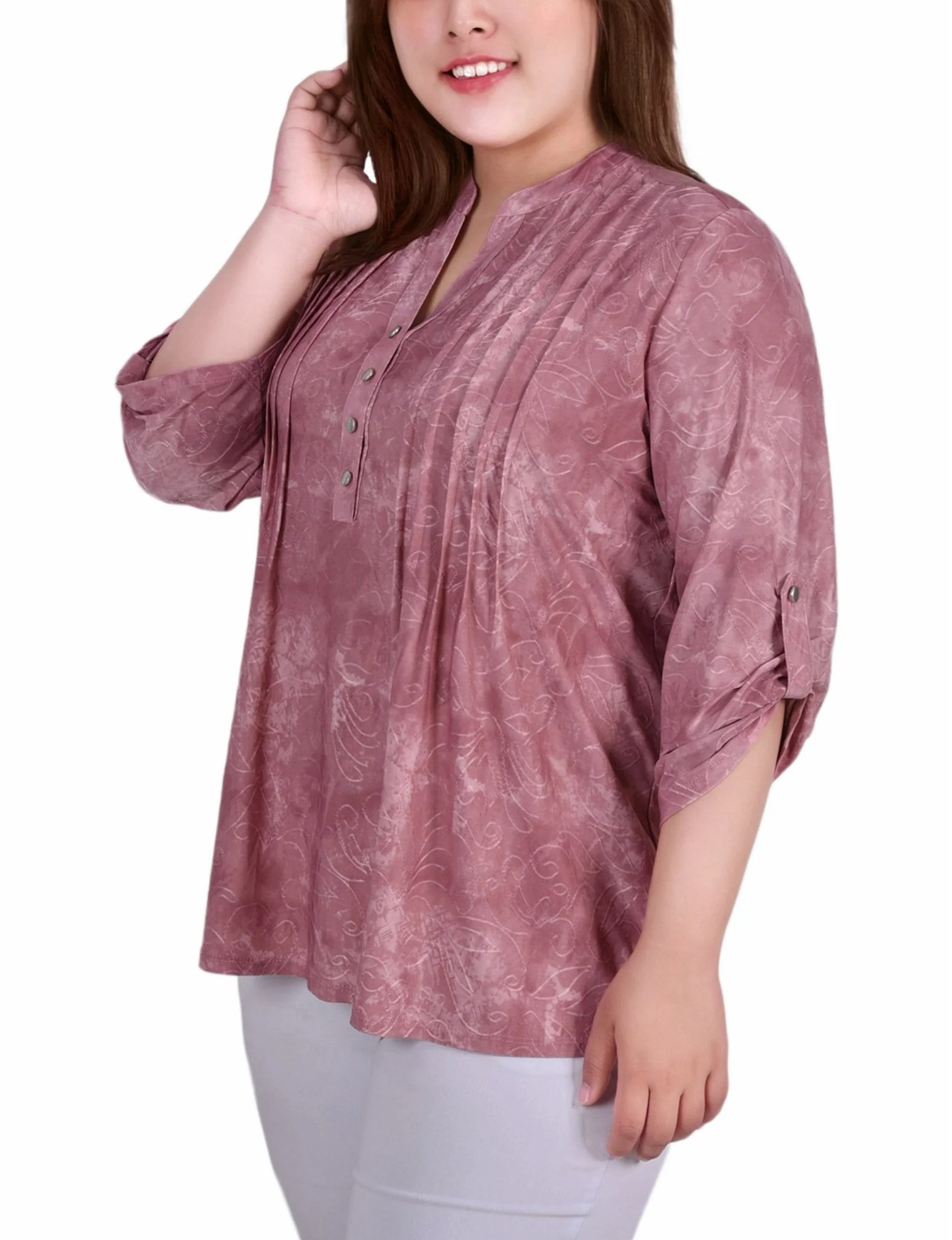 Mauve Tie Dye 3/4 Sleeve Roll Tab Y Neck Top - Plus - Image 2