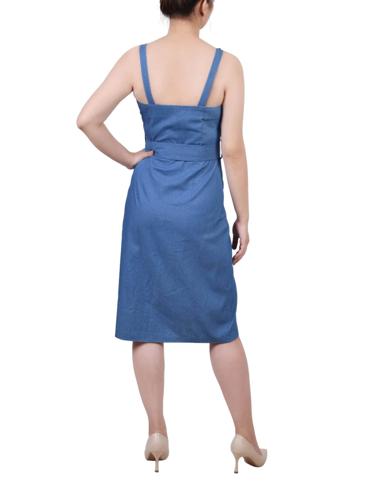 Med Denim Sweetheart Neck Chambray Sundress - Petite - Image 3
