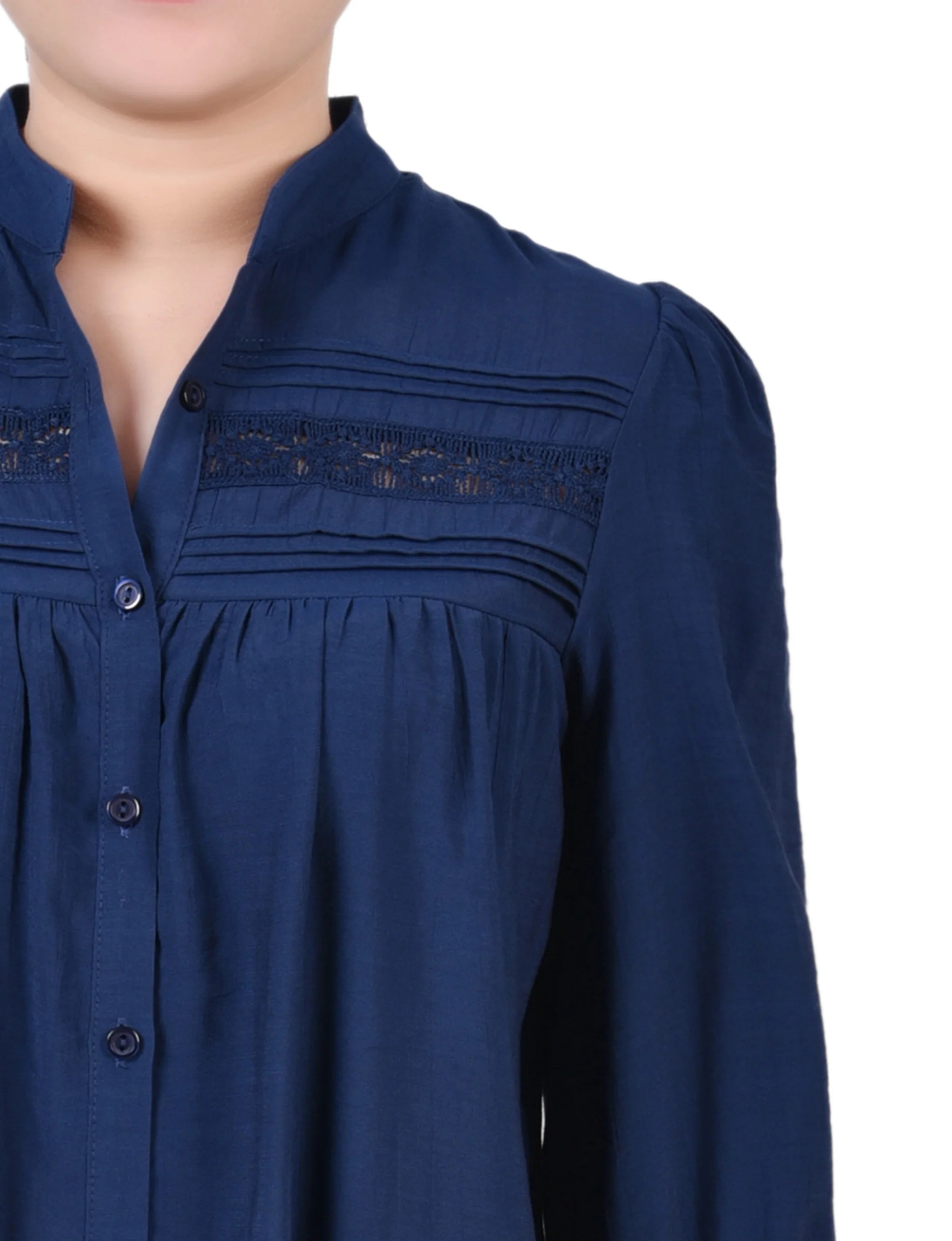Medieval Blue Long Sleeve Crochet Blouse - Image 3