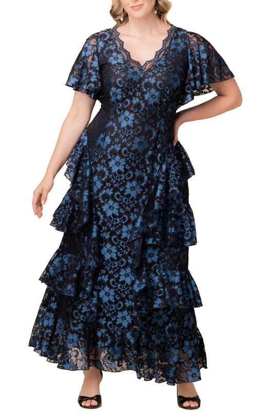 Mon Ange Tiered Lace Evening Gown - Twilight Noir - Plus