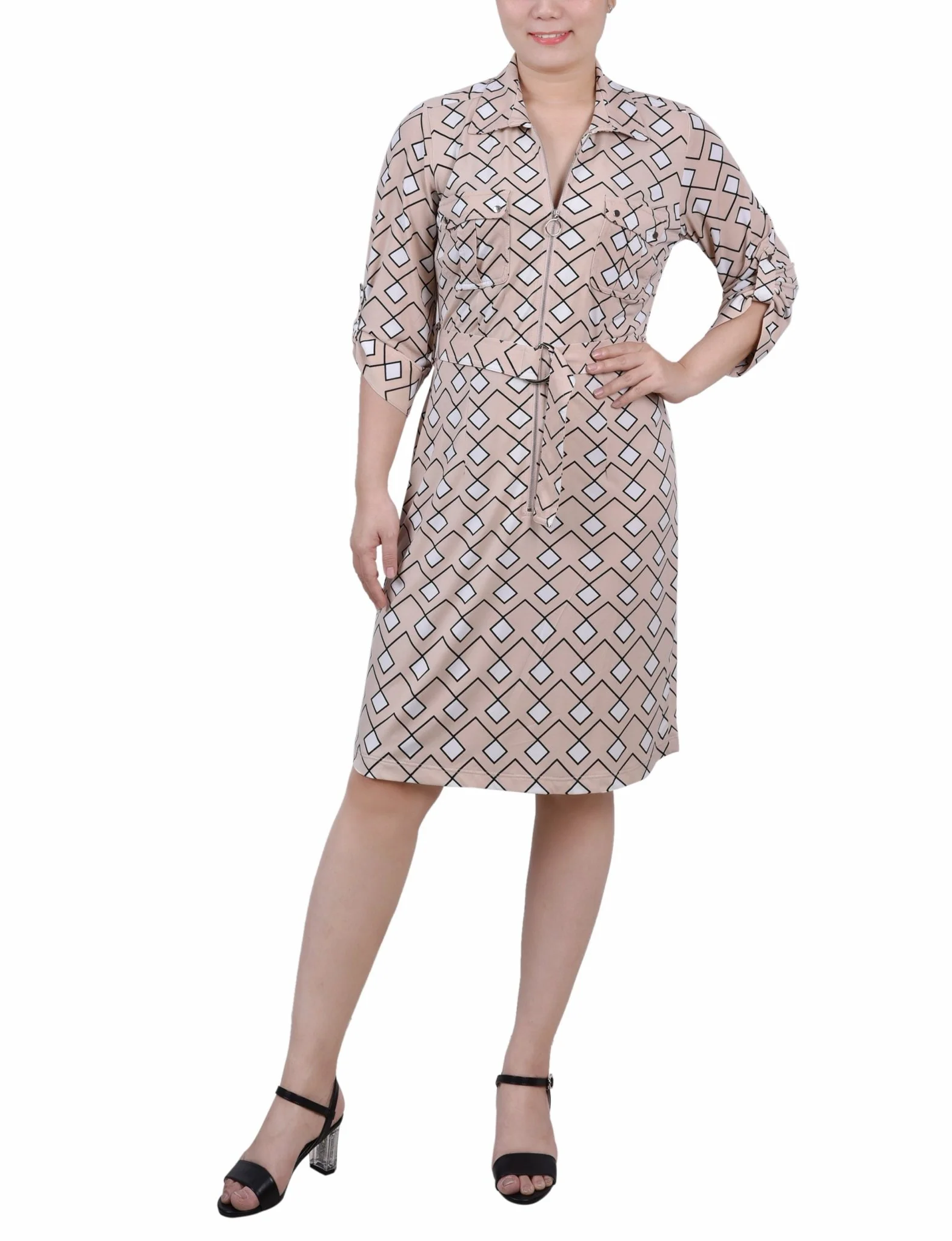 Moonlight Diamonds Belted Roll Tab Zip Front Shirtdress - Petite