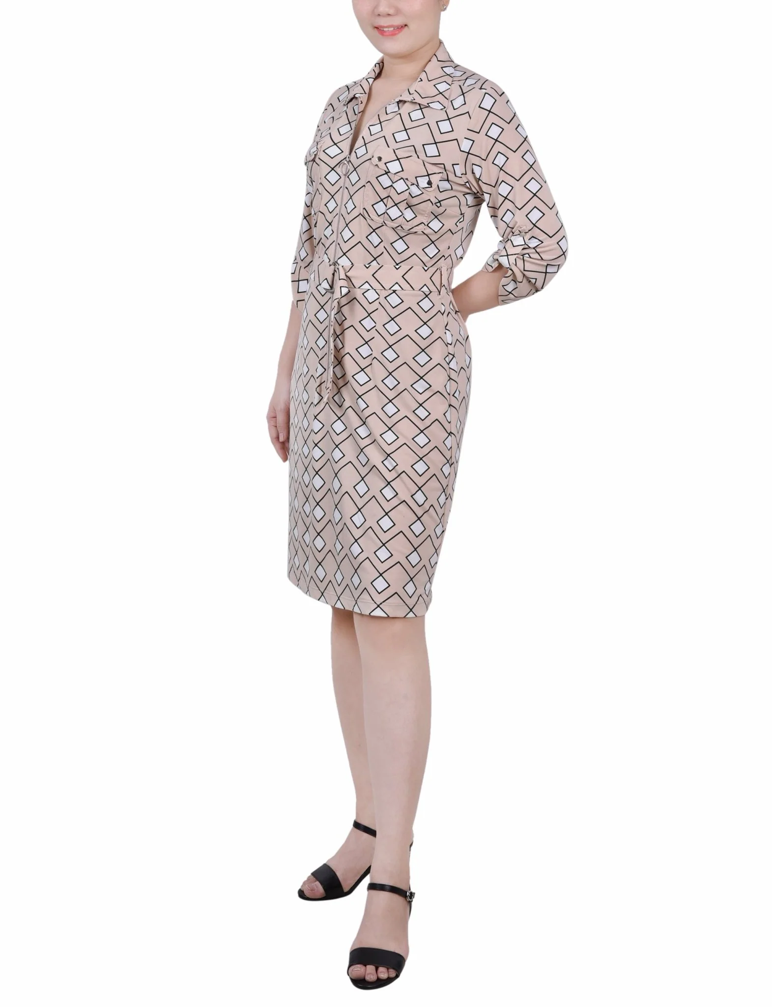 Moonlight Diamonds Belted Roll Tab Zip Front Shirtdress - Petite - Image 2