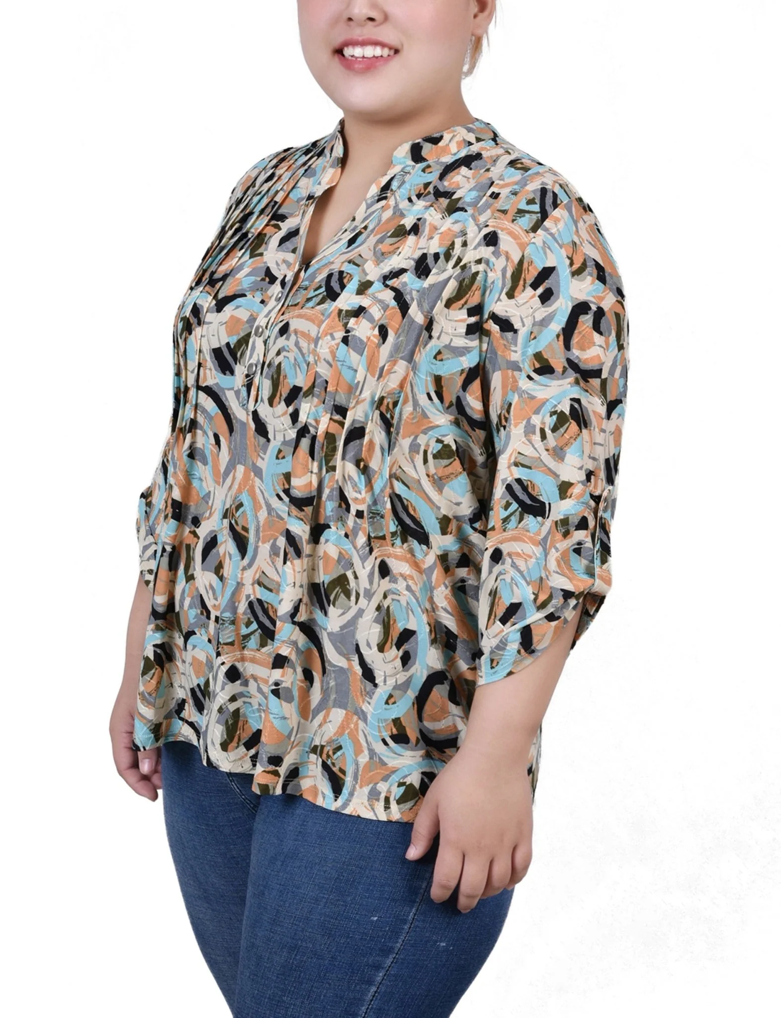 Multi Abstract 3/4 Sleeve Roll Tab Y Neck Top - Plus - Image 2