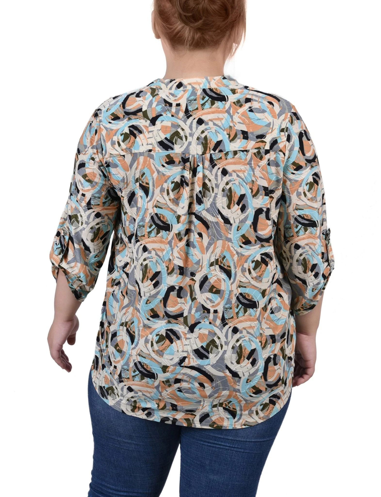 Multi Abstract 3/4 Sleeve Roll Tab Y Neck Top - Plus - Image 4