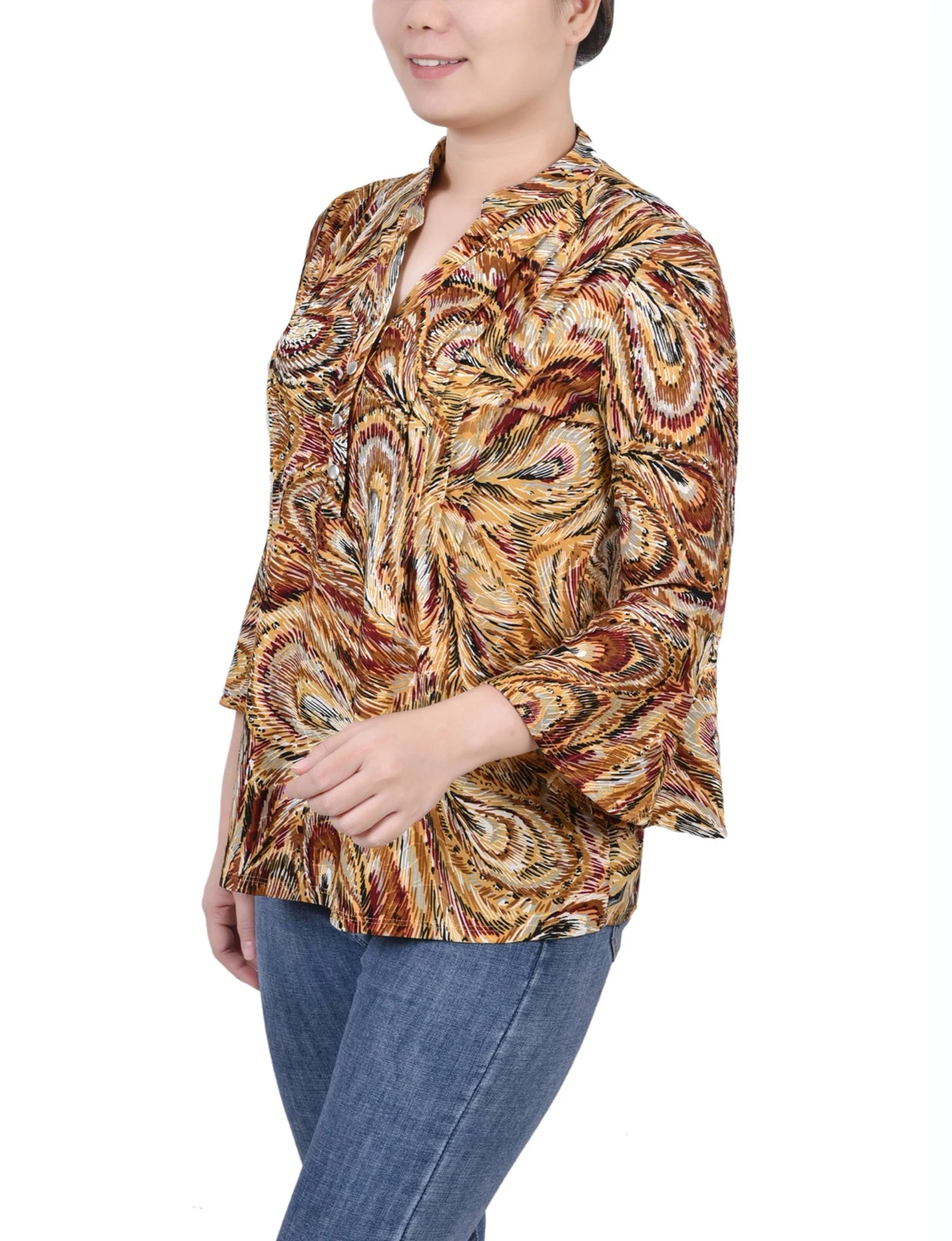 Multi Grey Peacock 3/4 Bell Sleeve Pleat Front Y Neck Top - Image 2