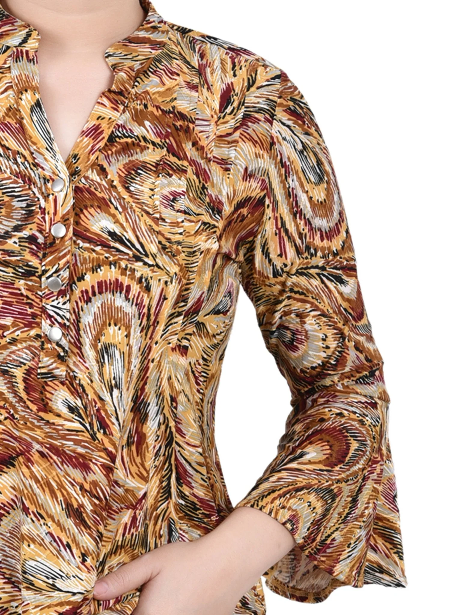Multi Grey Peacock 3/4 Bell Sleeve Pleat Front Y Neck Top - Image 3