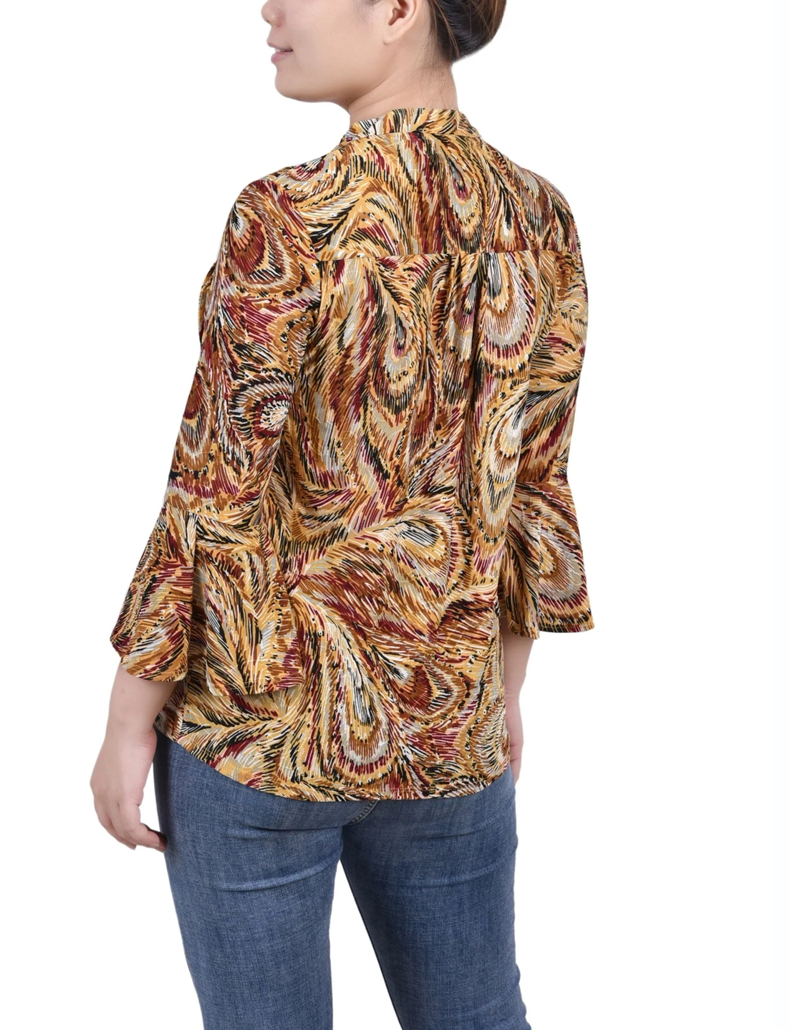Multi Grey Peacock 3/4 Bell Sleeve Pleat Front Y Neck Top - Image 4