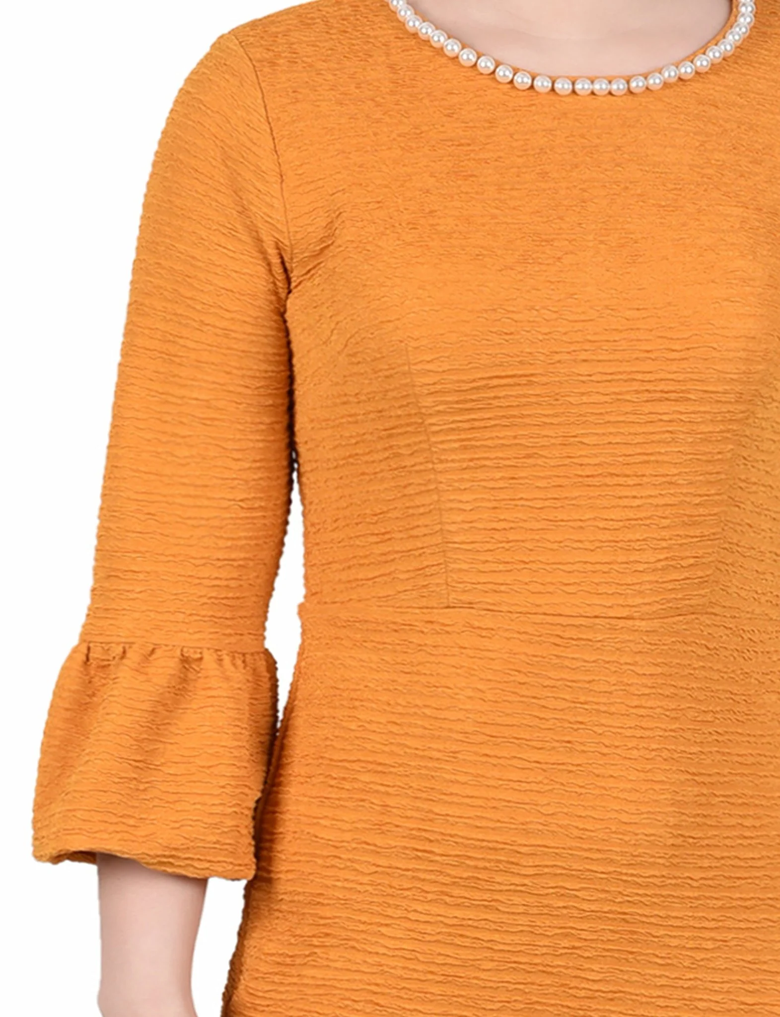 Mustard 3/4 Length Pearl Detail Dress - Image 4