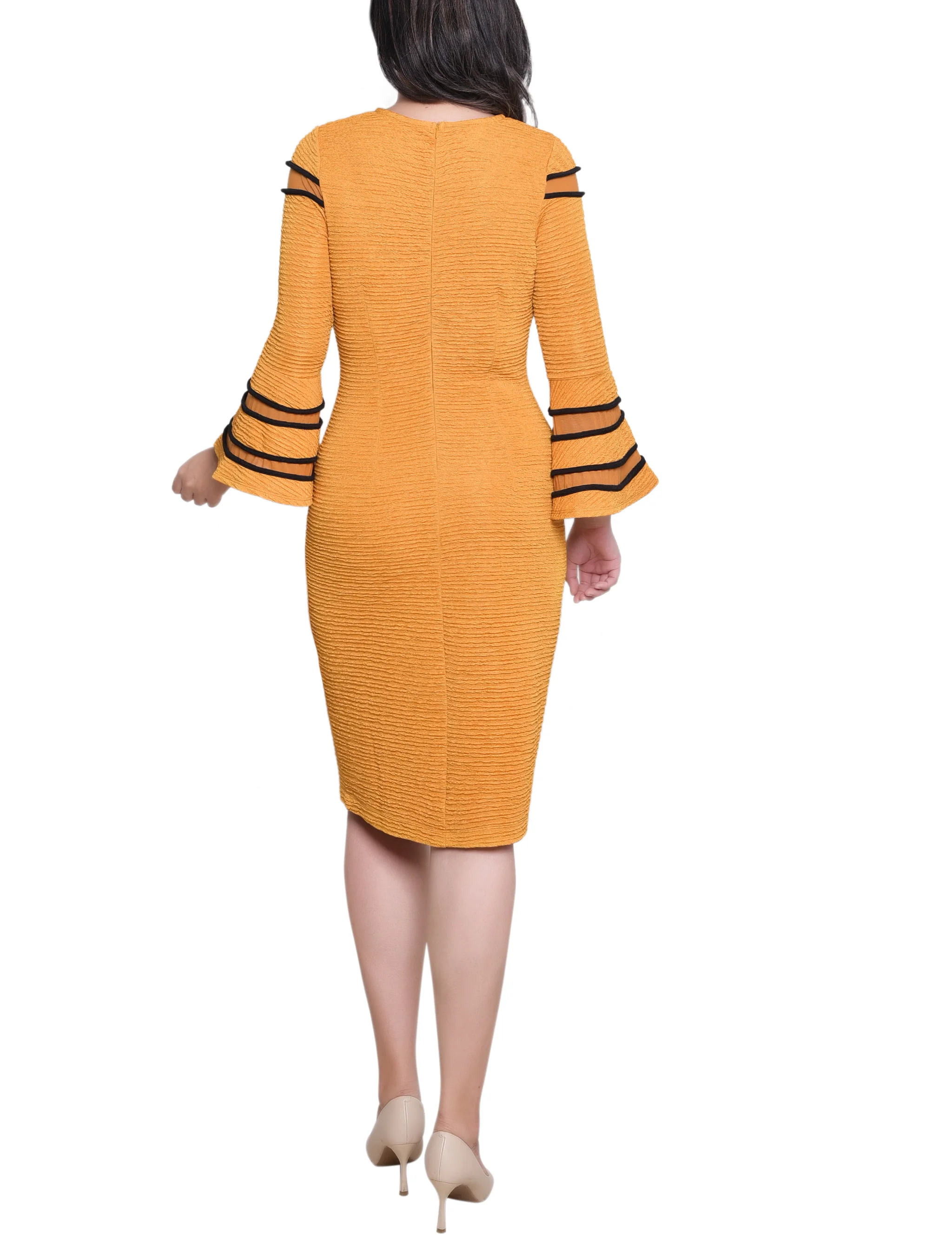 Mustard Black Long Bell Sleeve Dress With Contrast Striping - Image 4