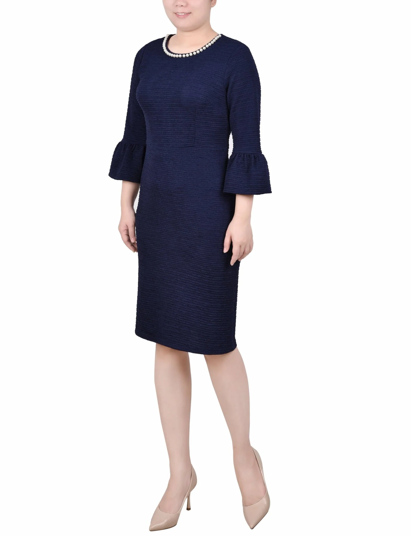 Navy 3/4 Length Pearl Detail Dress - Image 2