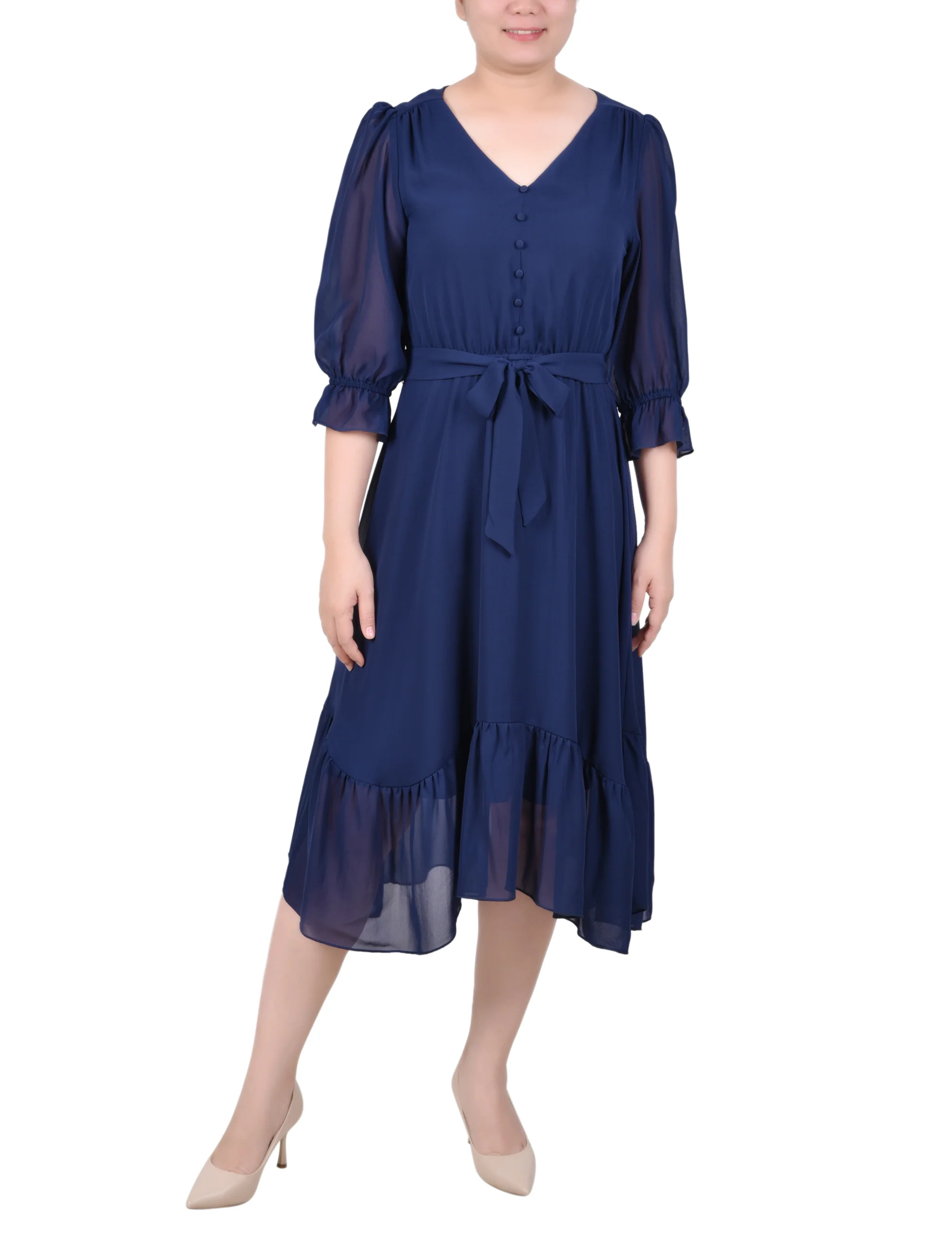 Navy 3/4 Sleeve V-Neck Flounced Dress