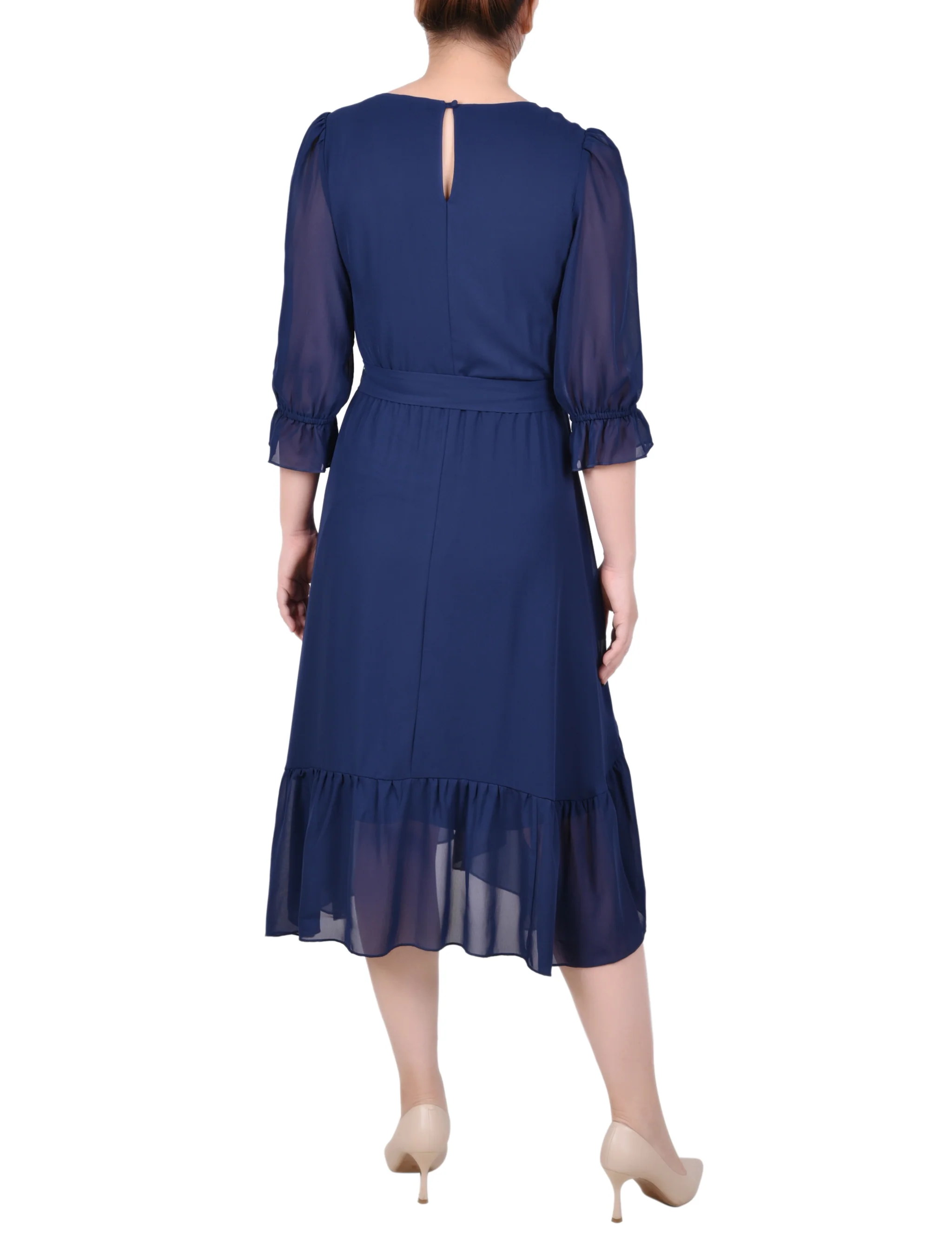 Navy 3/4 Sleeve V-Neck Flounced Dress - Image 3
