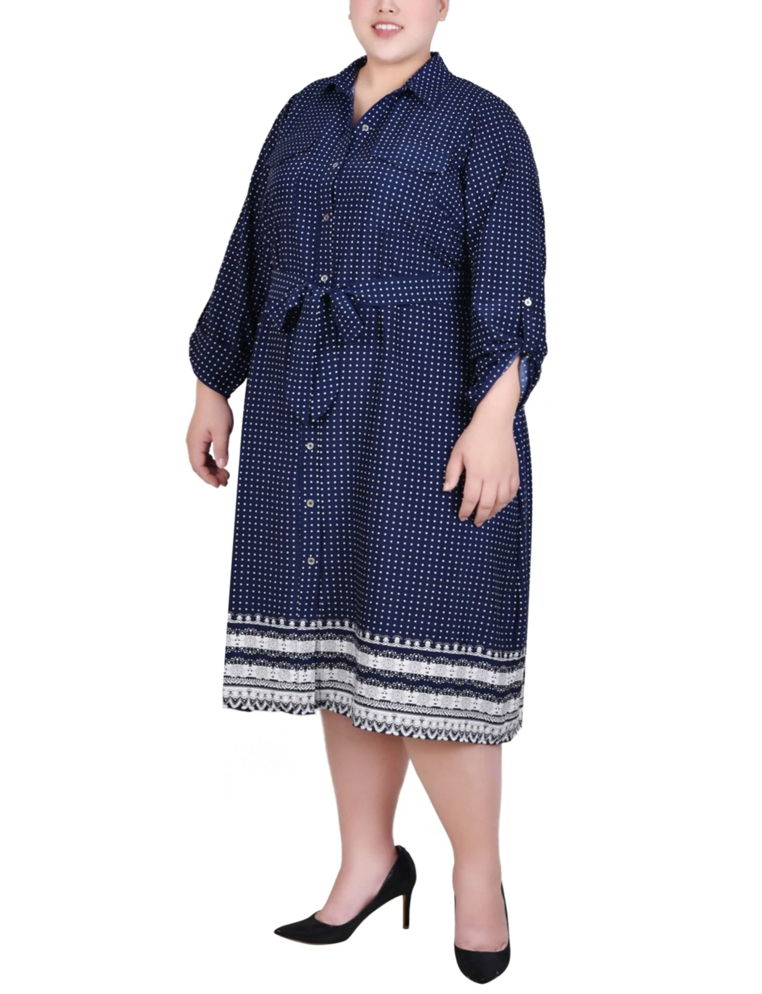 Navy Border 3/4 Roll Tab Sleeve Belted Shirtdress - Plus - Image 2