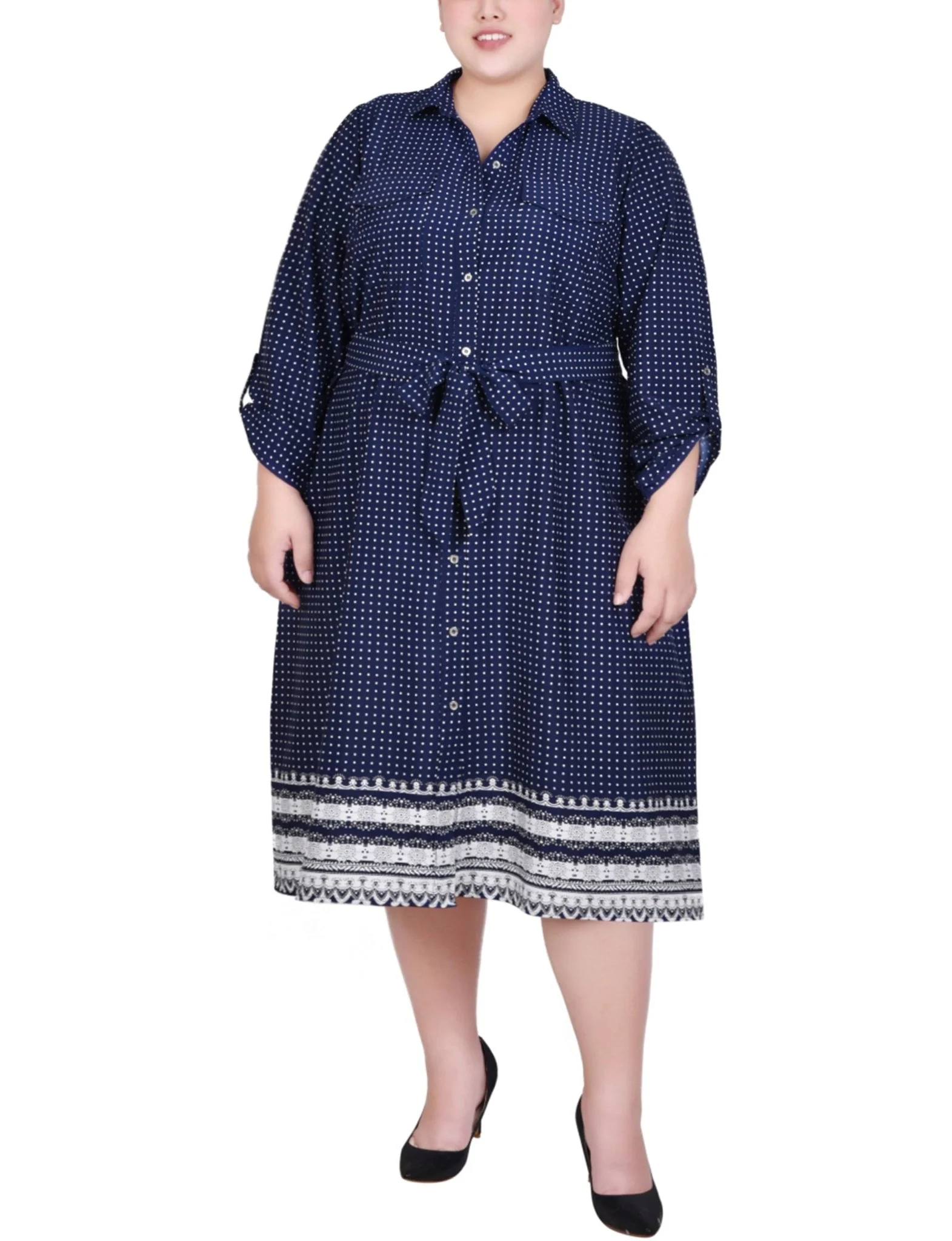 Navy Border 3/4 Roll Tab Sleeve Belted Shirtdress - Plus - Image 4