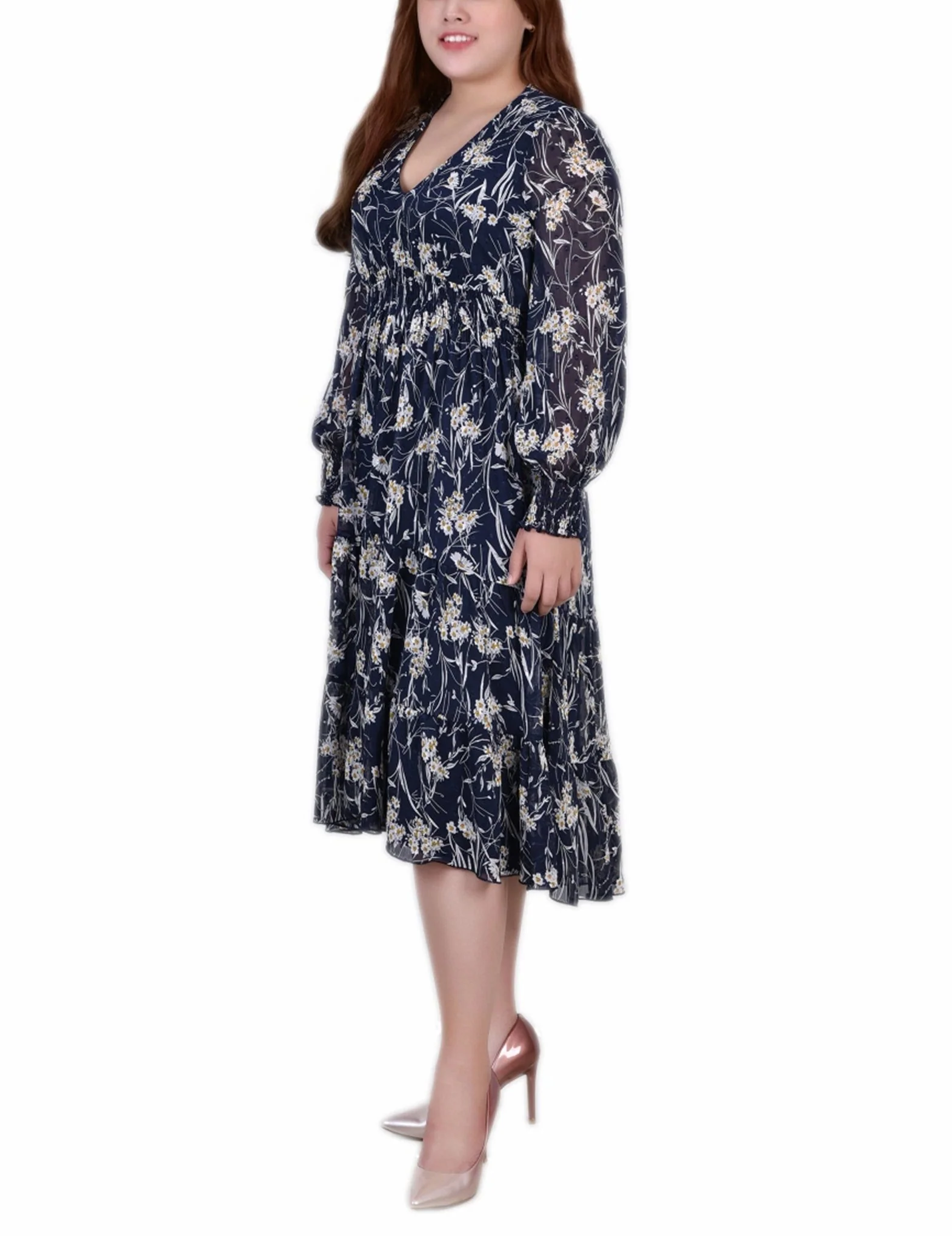 Navy Floral Long Sleeve Clip Dot Chiffon Dress With Smocked Waist and Cuffs - Plus - Image 2