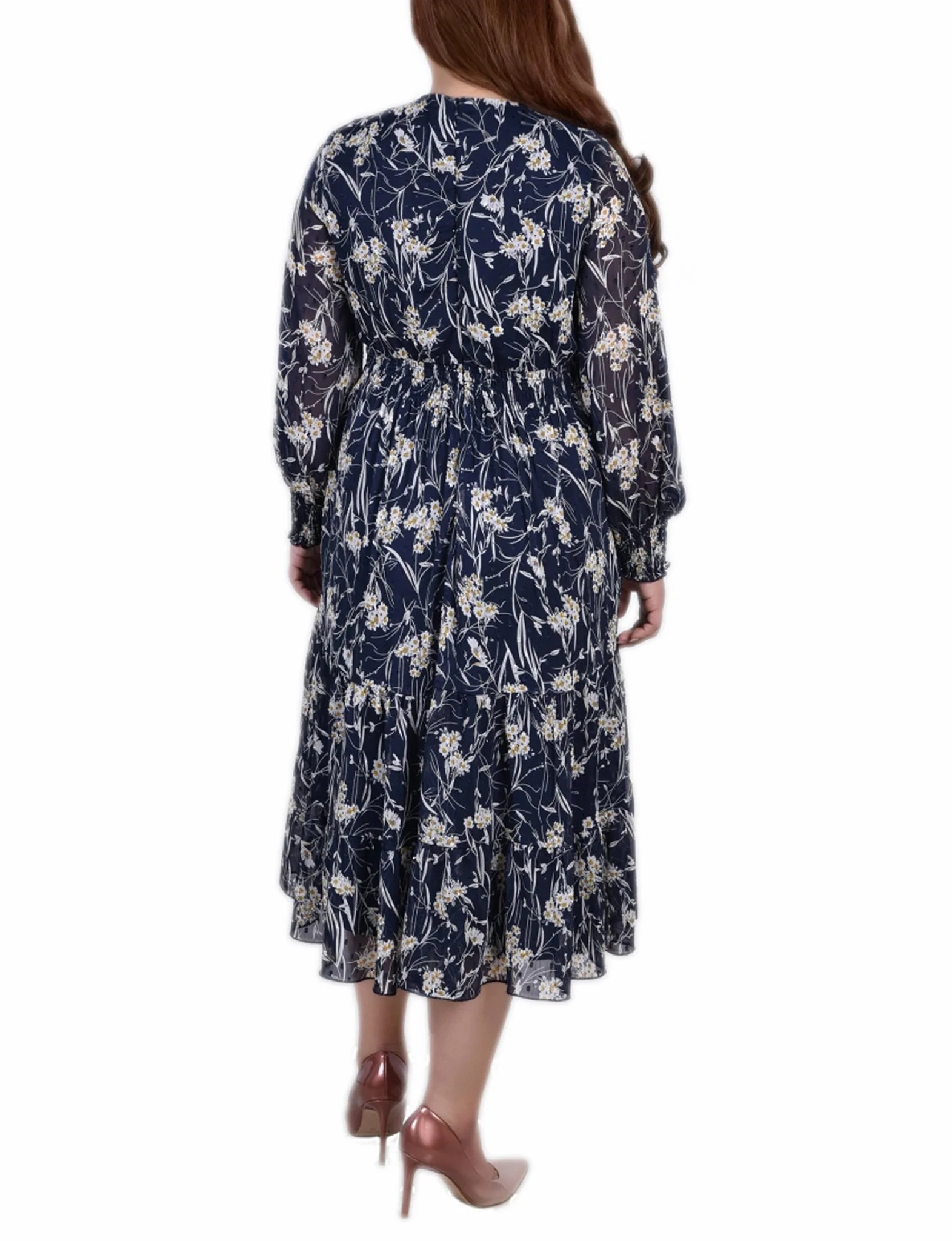 Navy Floral Long Sleeve Clip Dot Chiffon Dress With Smocked Waist and Cuffs - Plus - Image 3