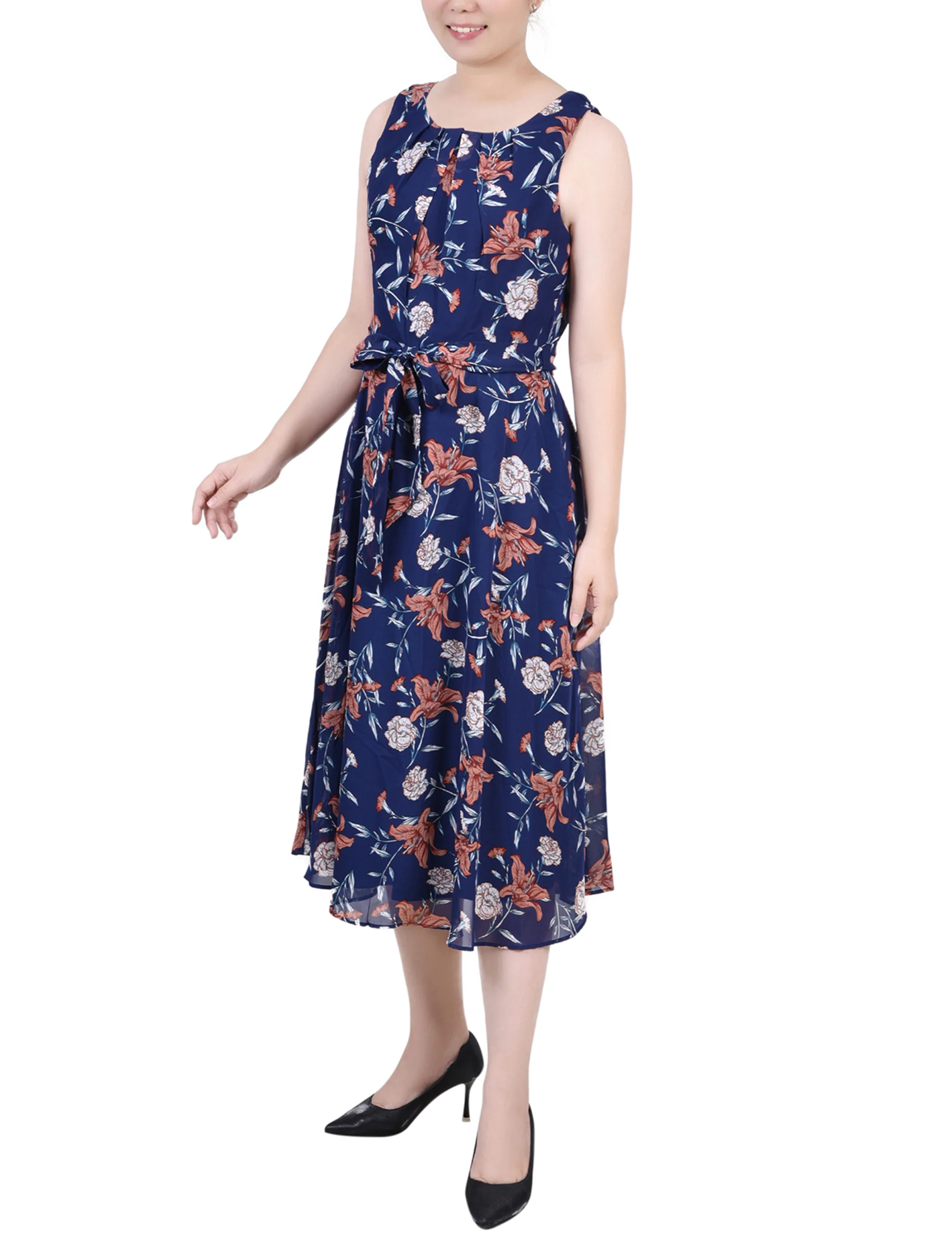 Navy Floral Sleeveless Chiffon Belted Dress - Image 2