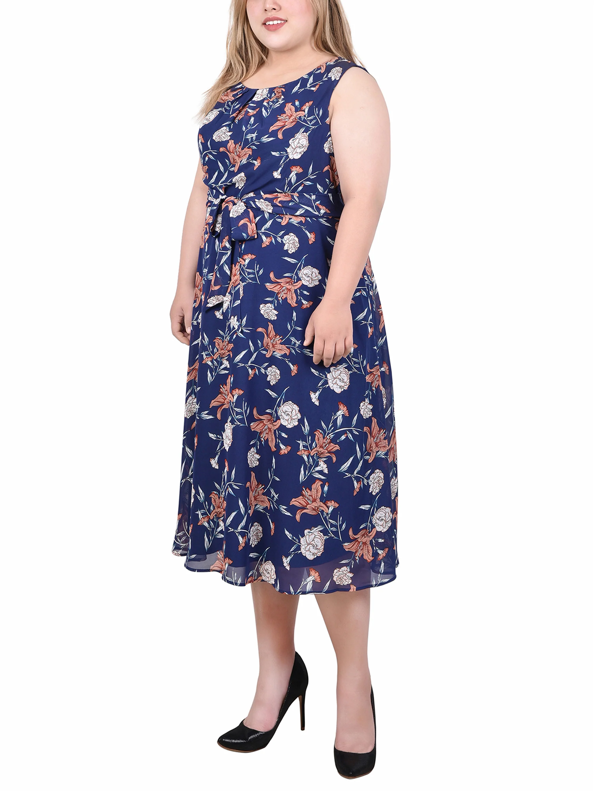Navy Floral Sleeveless Chiffon Belted Dress - Plus - Image 2