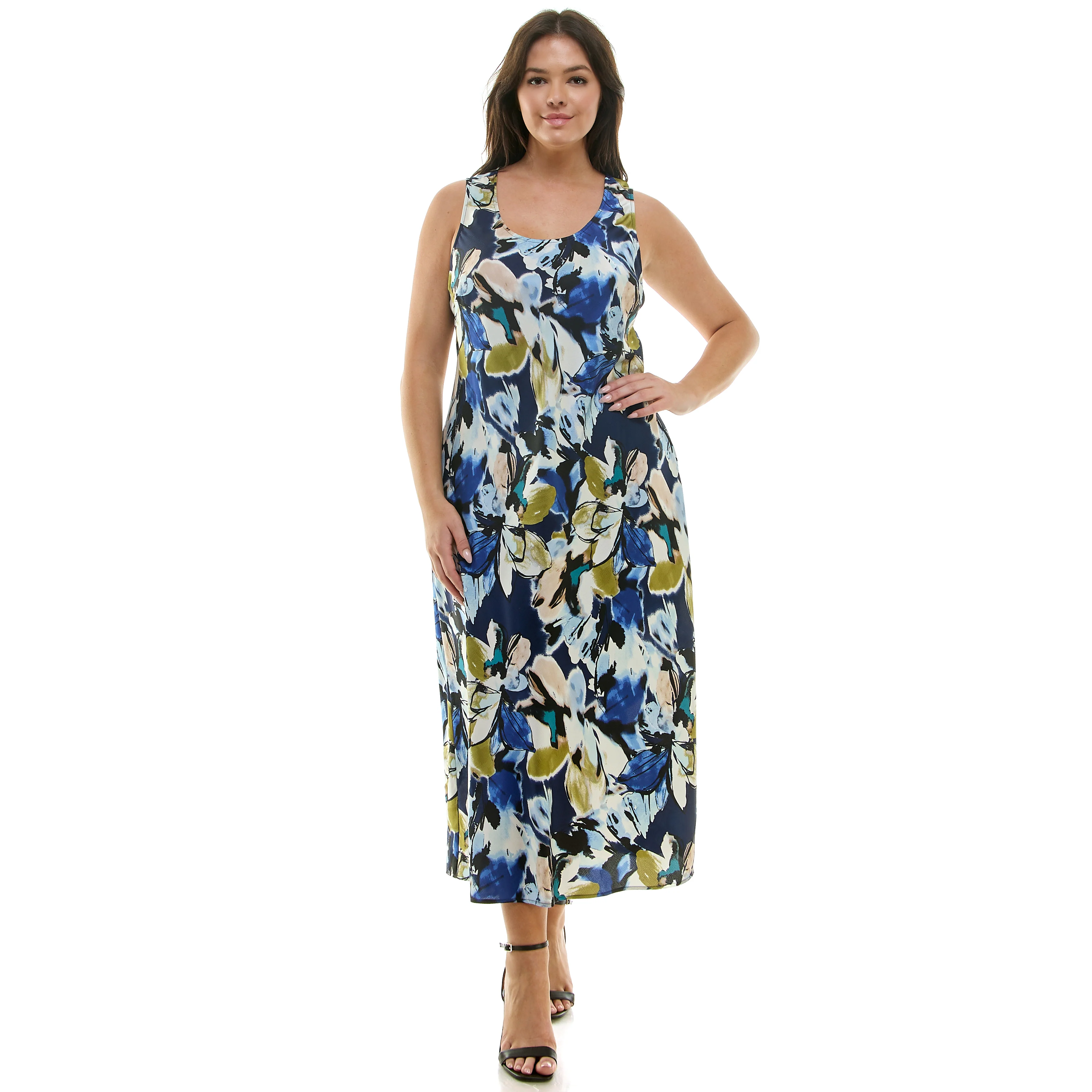 Navy Floral Sleeveless Midi Dress - Plus