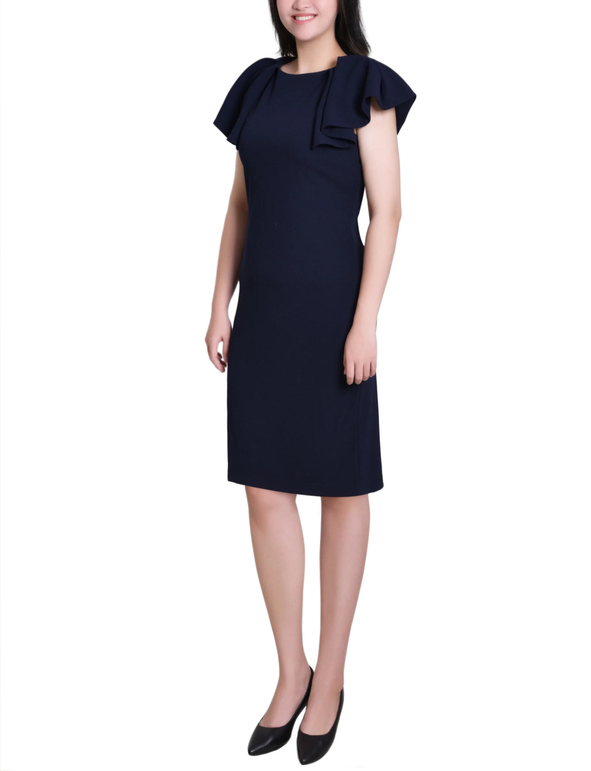 Navy Flutter Sleeve Sheath Dress - Image 3