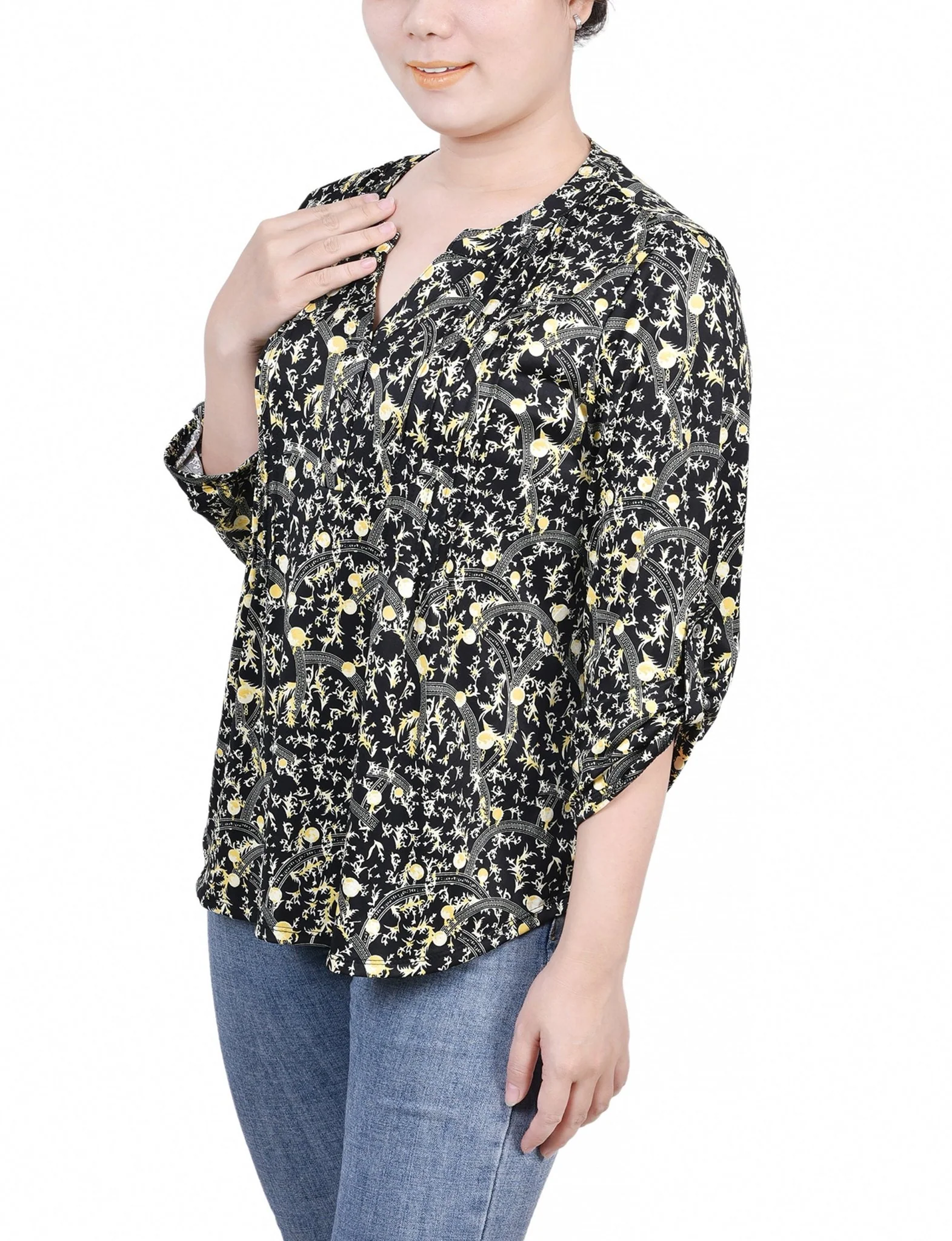 Navy Gold Damask 3/4 Roll Tab Sleeve Y Neck Top - Petite - Image 2