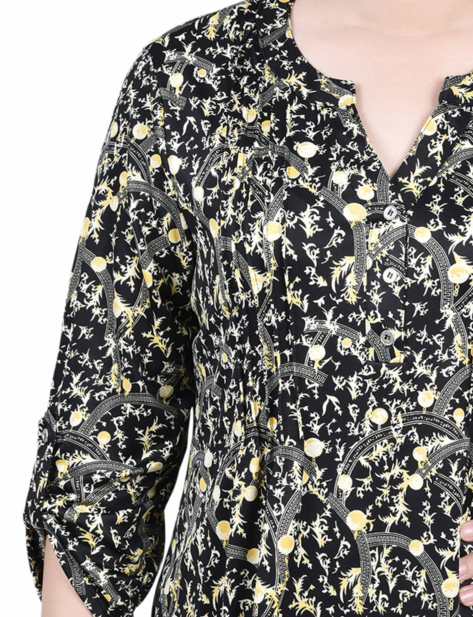 Navy Gold Damask 3/4 Roll Tab Sleeve Y Neck Top - Petite - Image 3