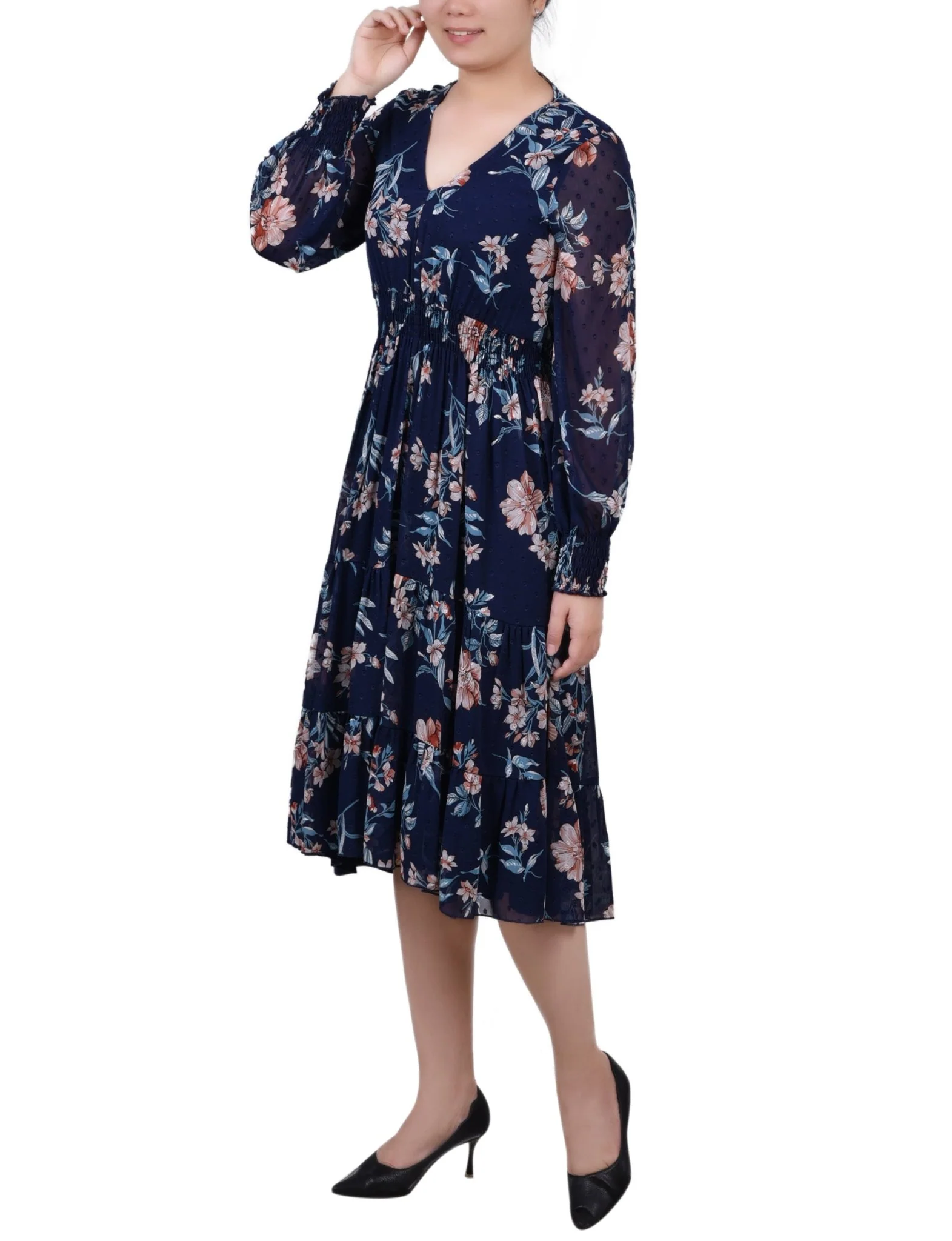 Navy Hydrolily Long Sleeve Clip Dot Chiffon Dress With Smocked Waist and Cuffs - Image 2