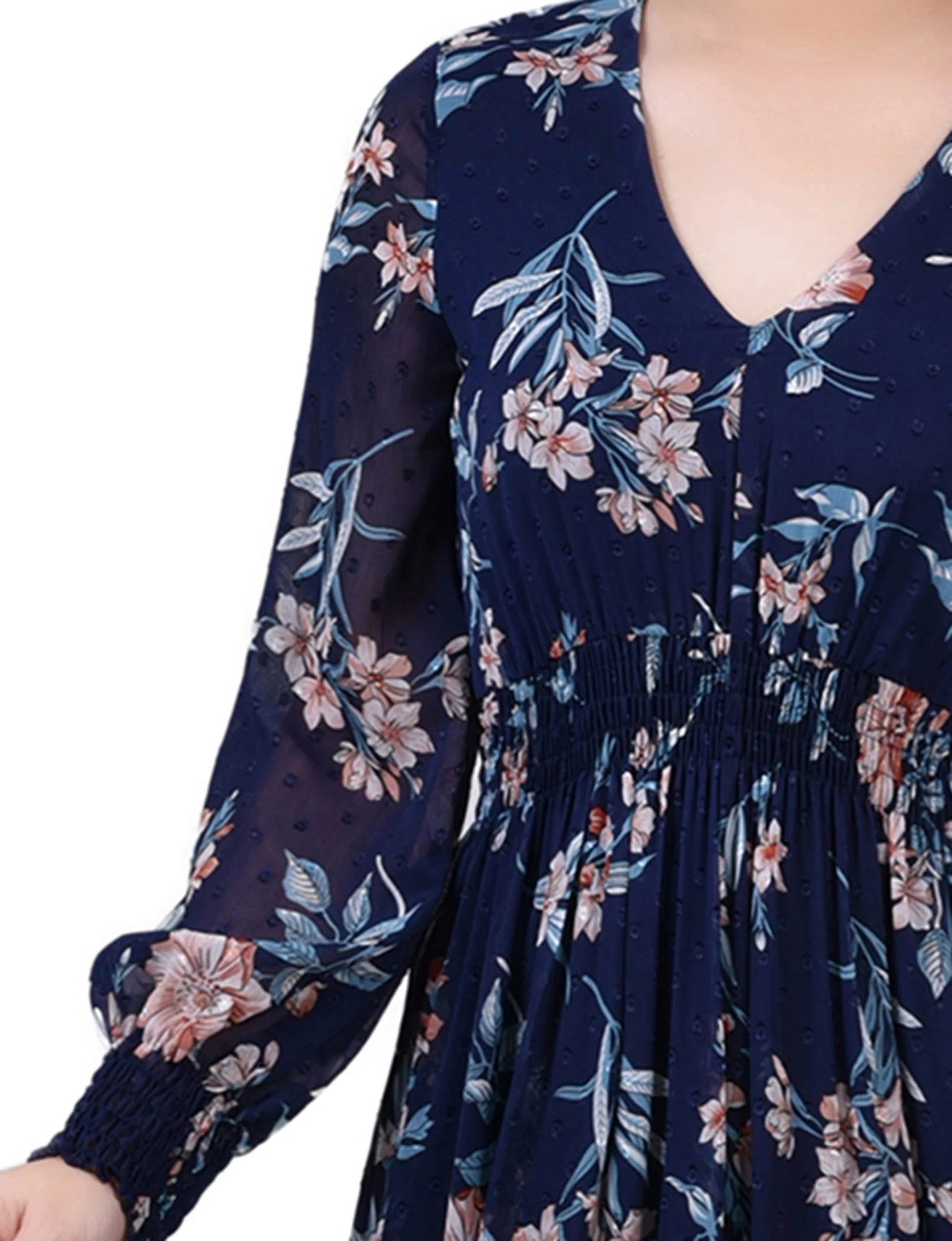 Navy Hydrolily Long Sleeve Clip Dot Chiffon Dress With Smocked Waist and Cuffs - Image 4