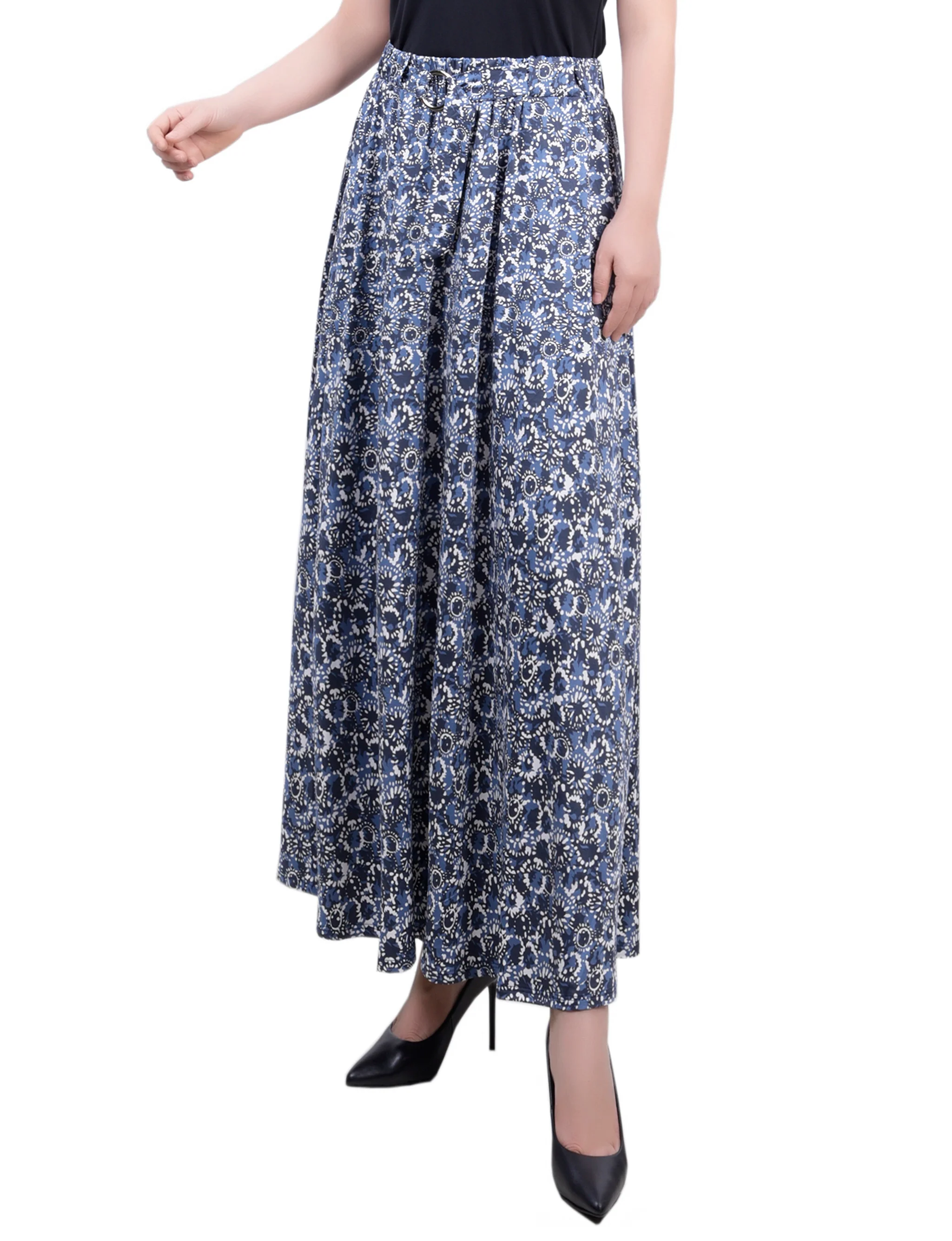Navy Ivory Splash Ring Detail Midi-Length Skirt - Petite - Image 2