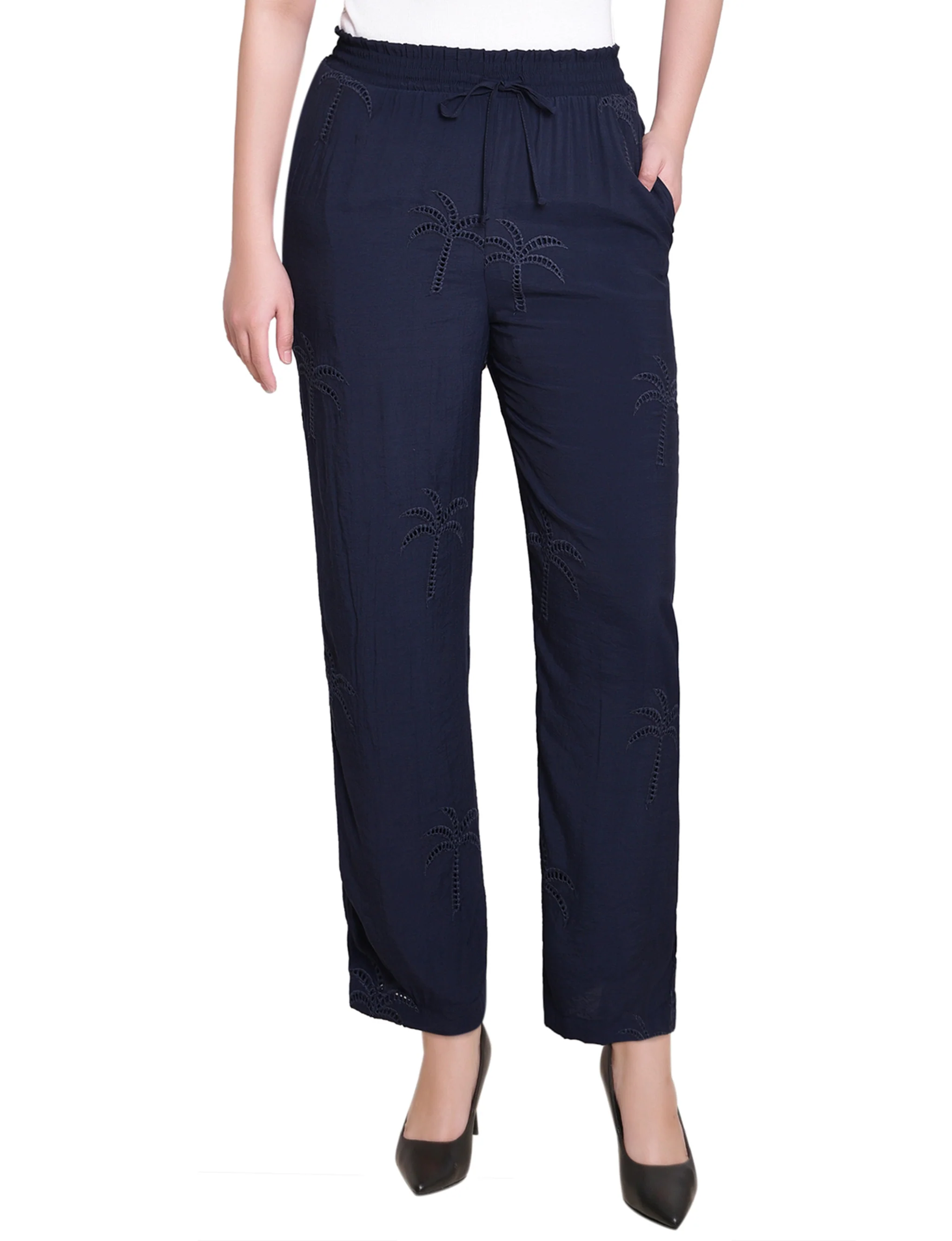 Navy Pull On Pants With Embroidery - Image 2