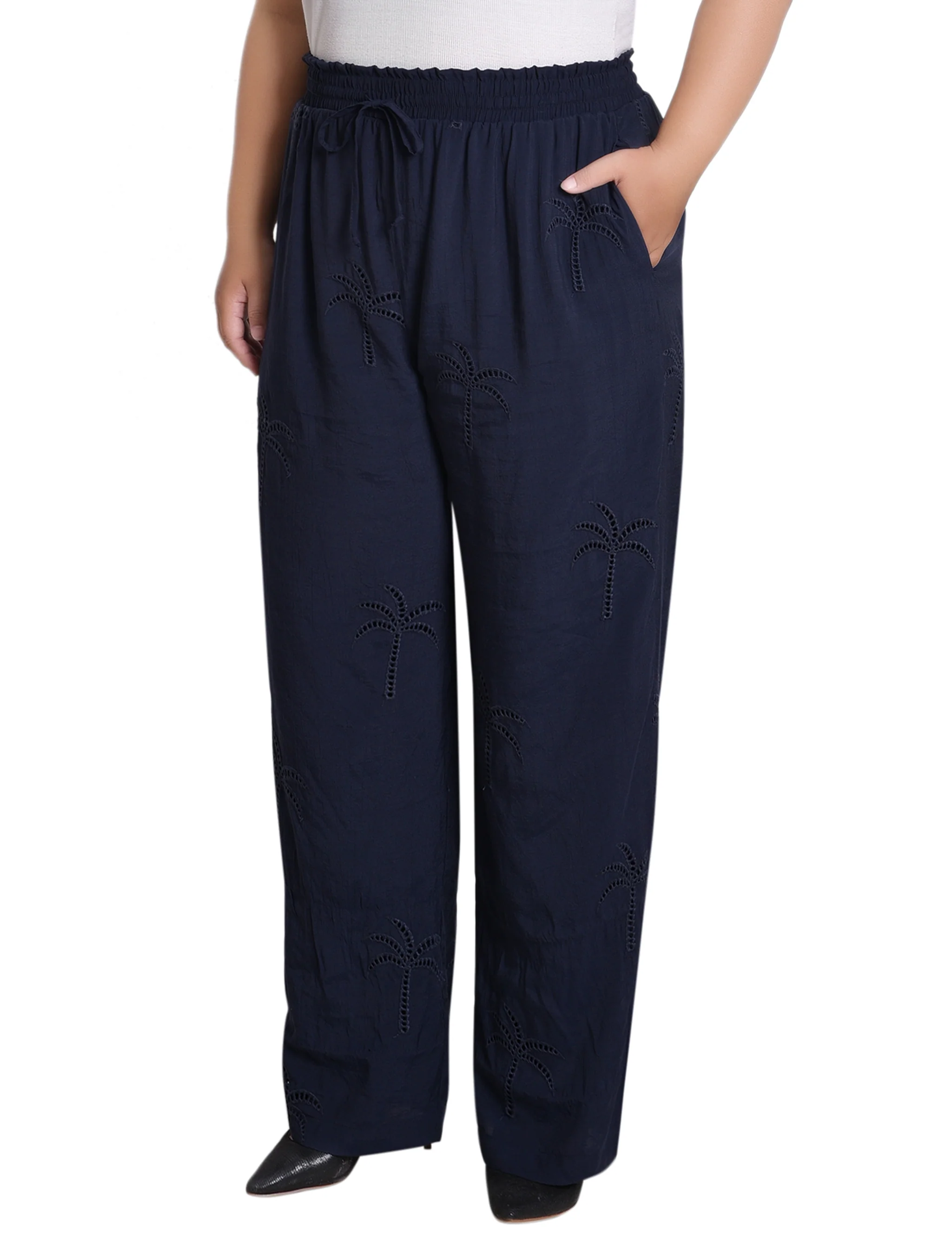 Navy Pull On Pants With Embroidery - Plus - Image 3