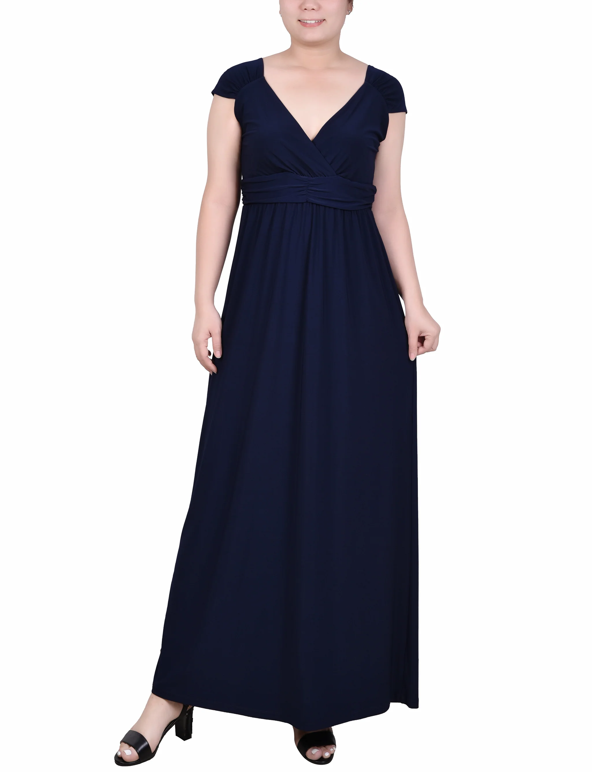 Navy Ruched Empire-Waist Maxi Dress