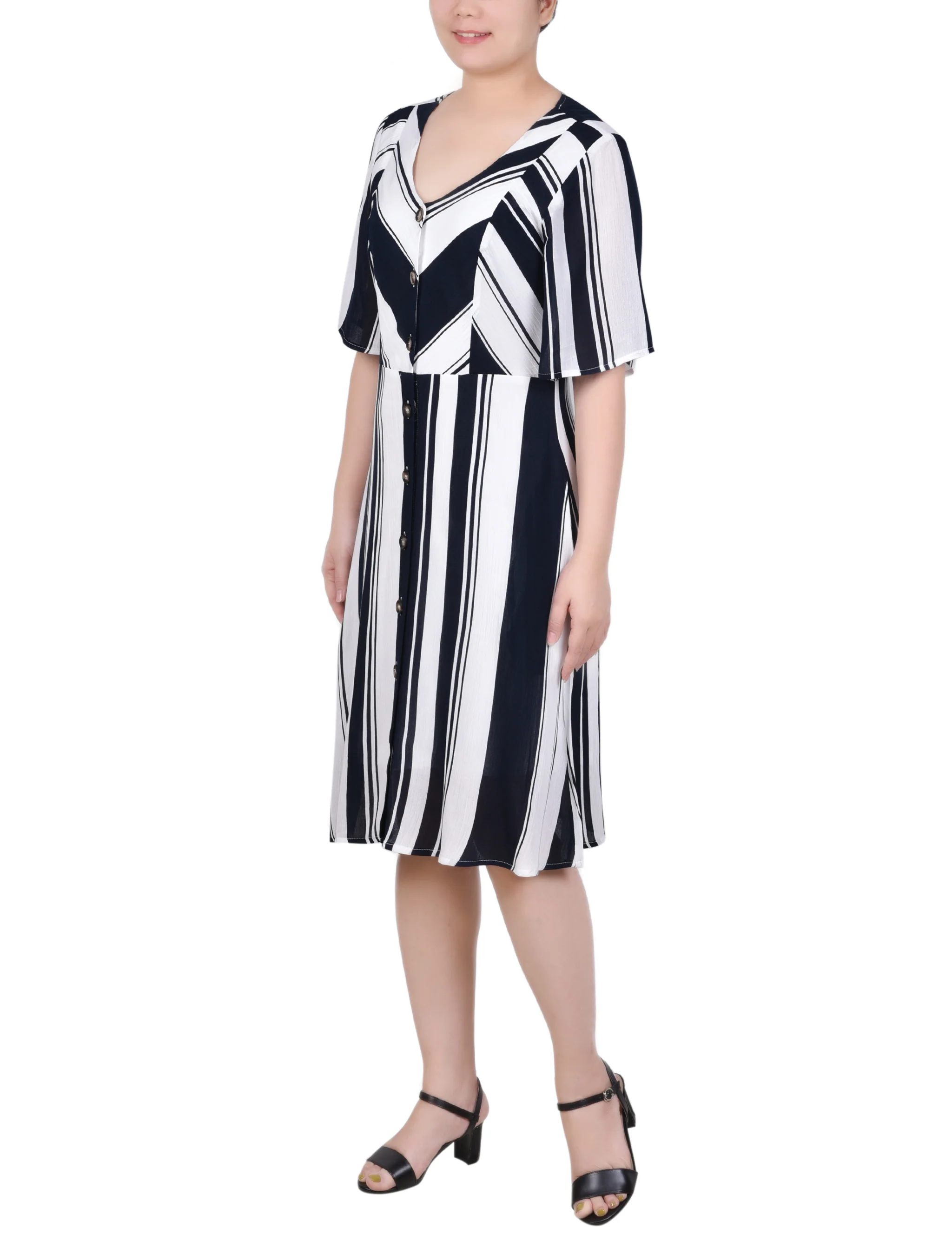 Navy White Stripe Elbow Sleeve Button Front Dress - Image 2