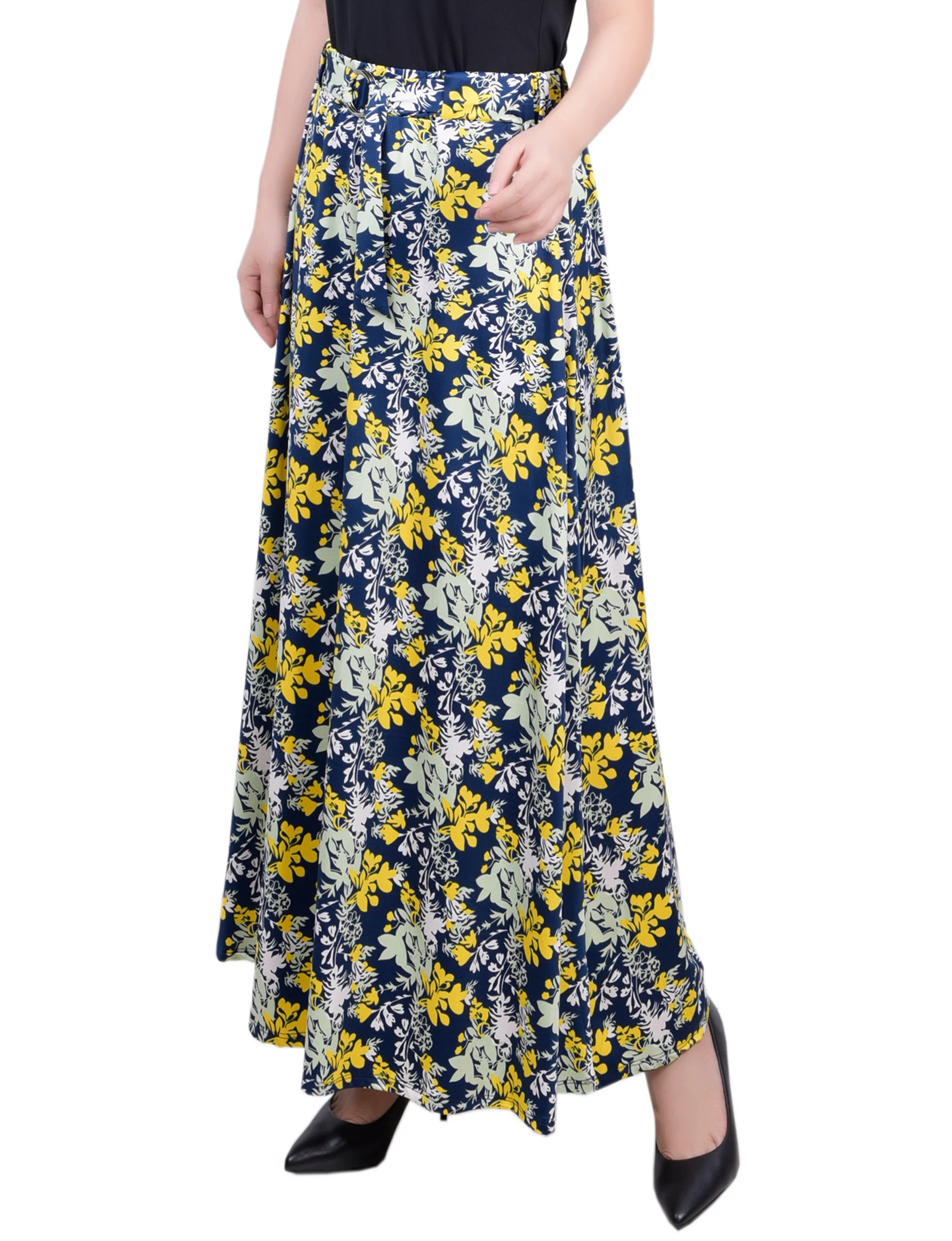 Navy Yellow Plant Ring Detail Midi-Length Skirt - Petite - Image 2