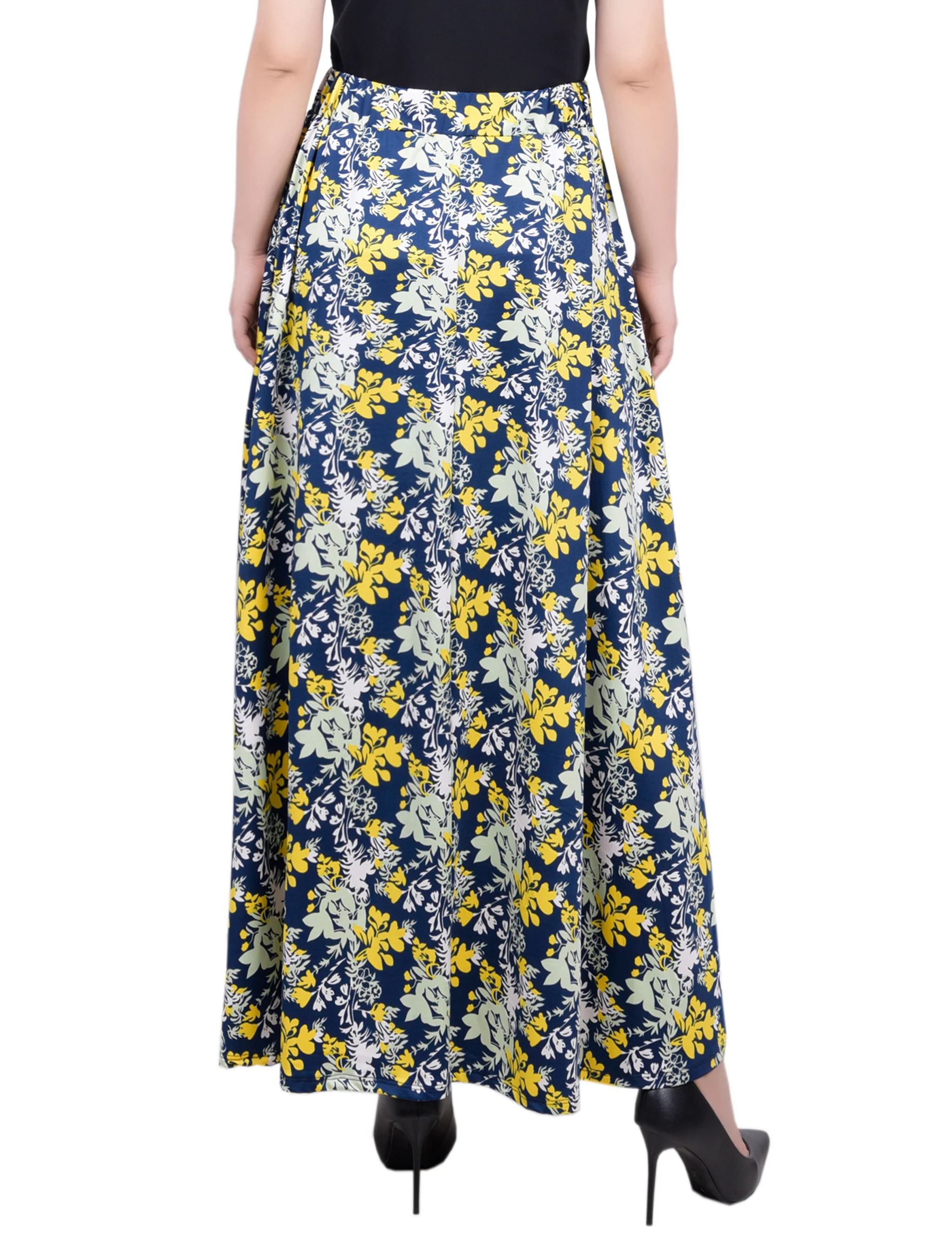 Navy Yellow Plant Ring Detail Midi-Length Skirt - Petite - Image 4