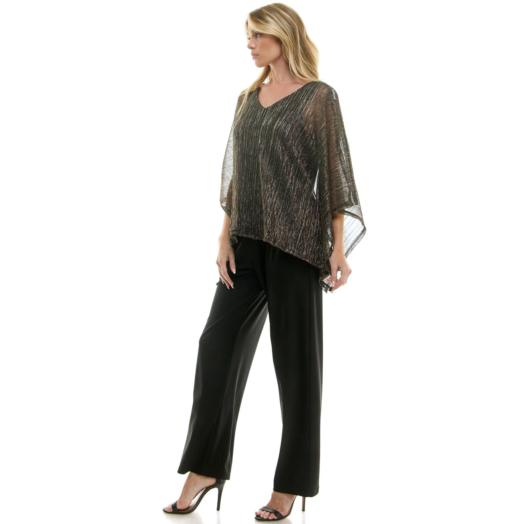 Novelty Trim Cold Shoulder Poncho Pant Set - Image 4