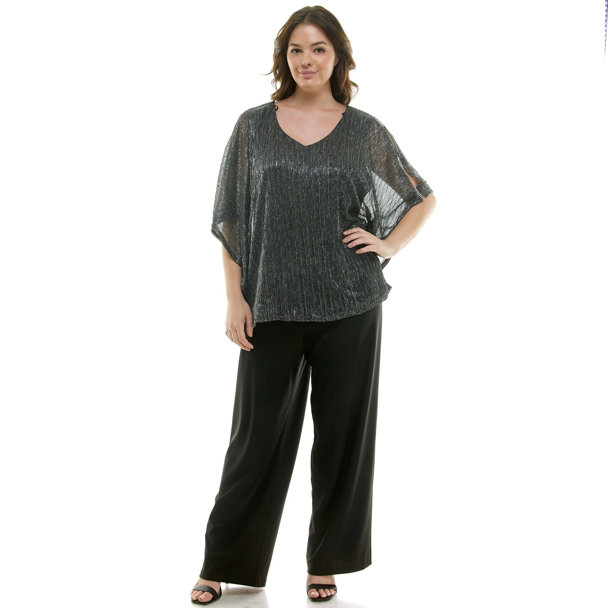 Novelty Trim Cold Shoulder Poncho Pant Set - Plus - Image 3
